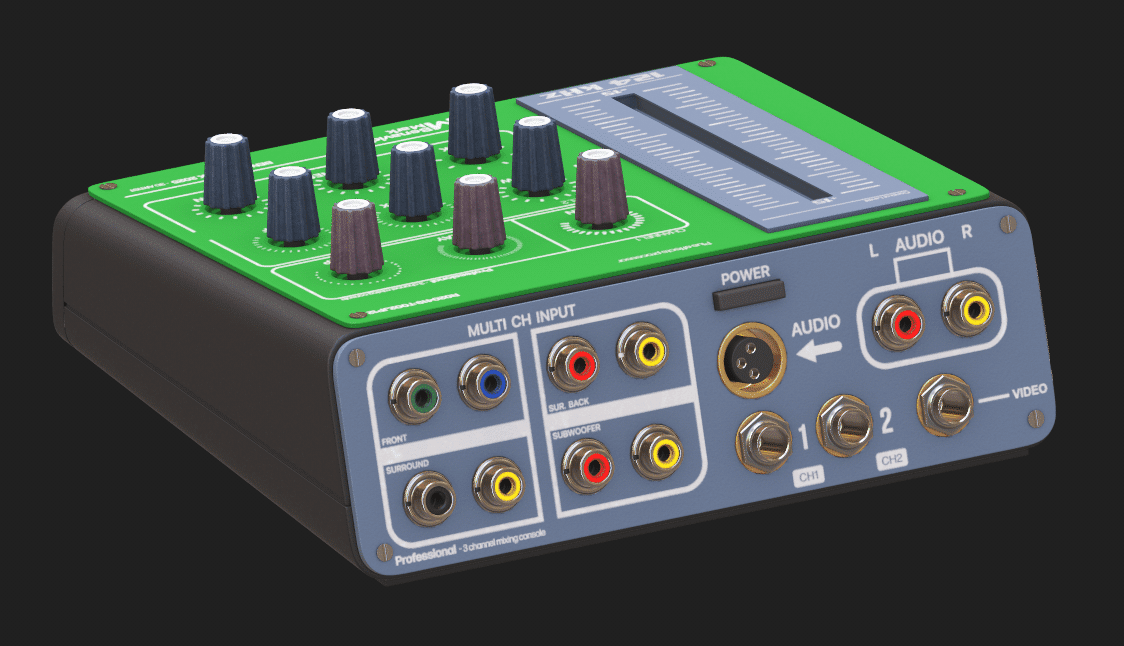 a closeup view of a compact audio mixer featuring multiple knobs and inputoutput ports the mixer has a green top surface with control knobs in different colors and a rear panel with audio and video connections including rca jacks digital production A close-up view of a compact audio mixer featuring multiple knobs and input/output ports. The mixer has a green top surface with control knobs in different colors and a rear panel with audio and video connections, including RCA jacks.