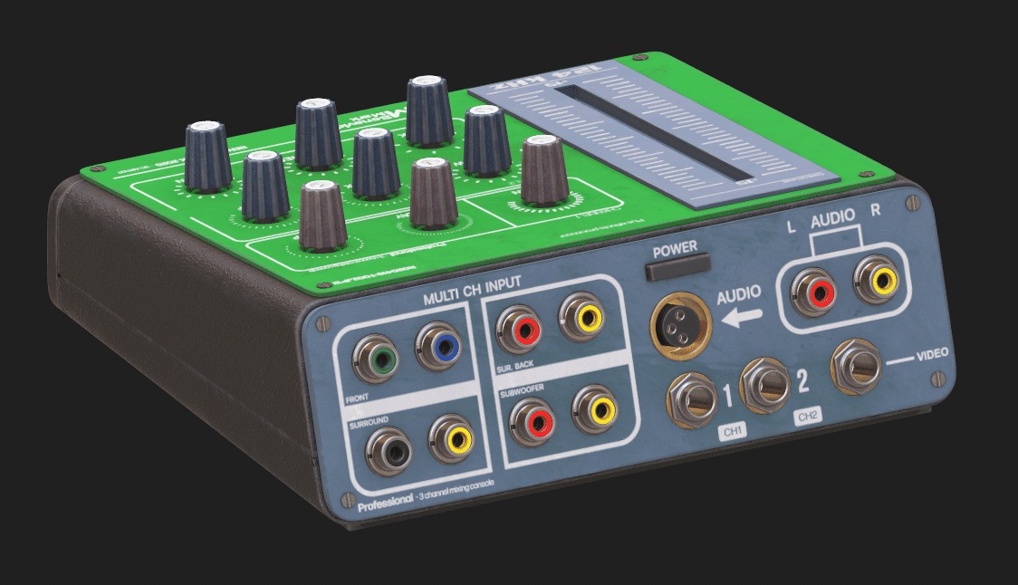 a compact audio mixer with multiple knobs on a green top panel and various inputoutput ports on the blue side including rca connections for audio and video all set against a black background digital production A compact audio mixer with multiple knobs on a green top panel and various input/output ports on the blue side, including RCA connections for audio and video, all set against a black background.