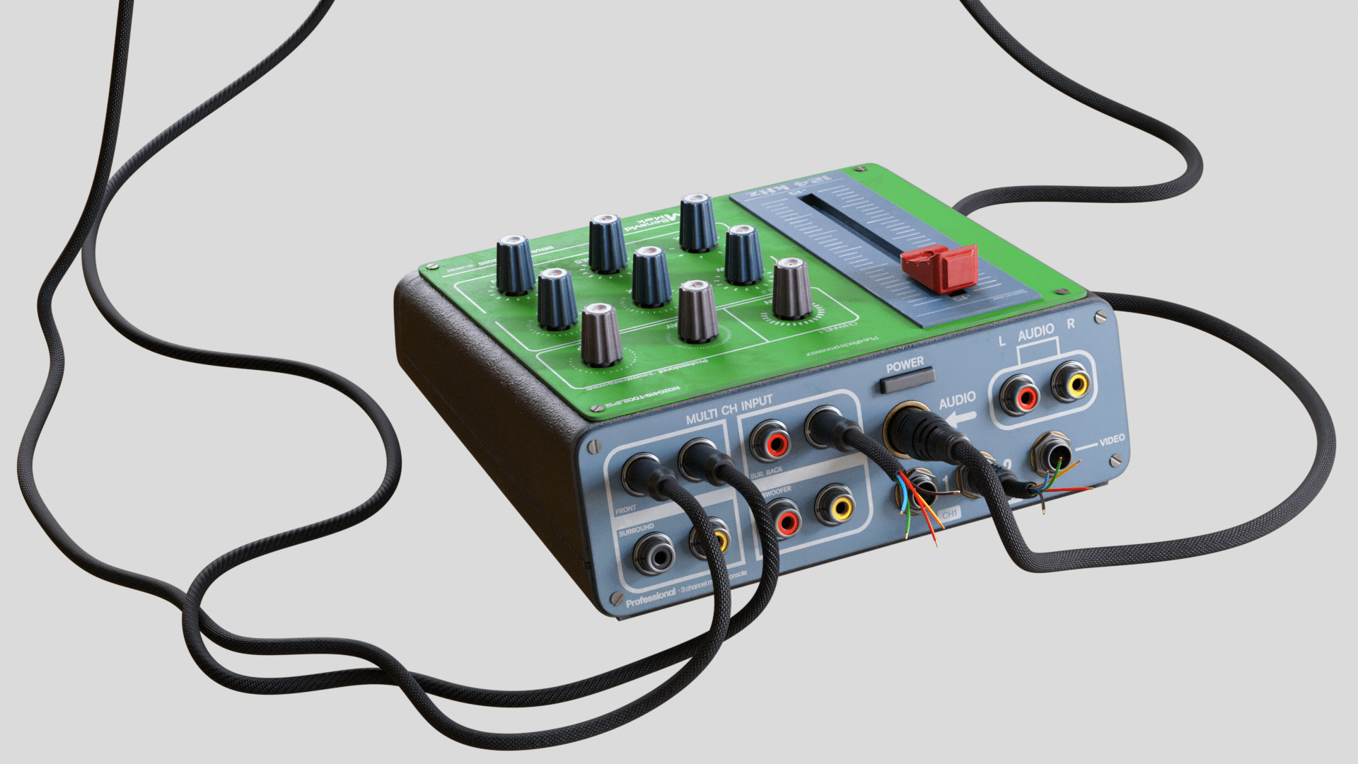 a compact audio mixer with multiple knobs and a slider on a green surface the back features various input and output ports with several audio cables connected the device is set against a light gray background digital production A compact audio mixer with multiple knobs and a slider on a green surface. The back features various input and output ports, with several audio cables connected. The device is set against a light gray background.