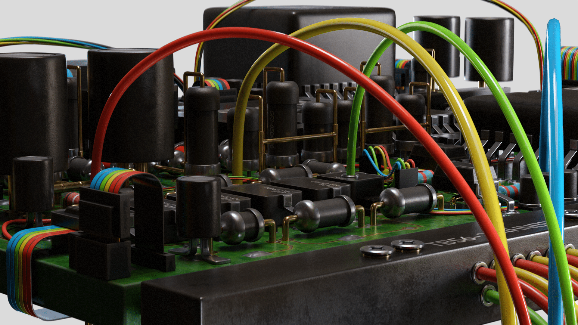 a closeup view of a complex electronic circuit board featuring black components metallic connectors and brightly colored wires in red yellow blue and green the details highlight the intricate arrangement of capacitors and transistors digital production A close-up view of a complex electronic circuit board featuring black components, metallic connectors, and brightly colored wires in red, yellow, blue, and green. The details highlight the intricate arrangement of capacitors and transistors.