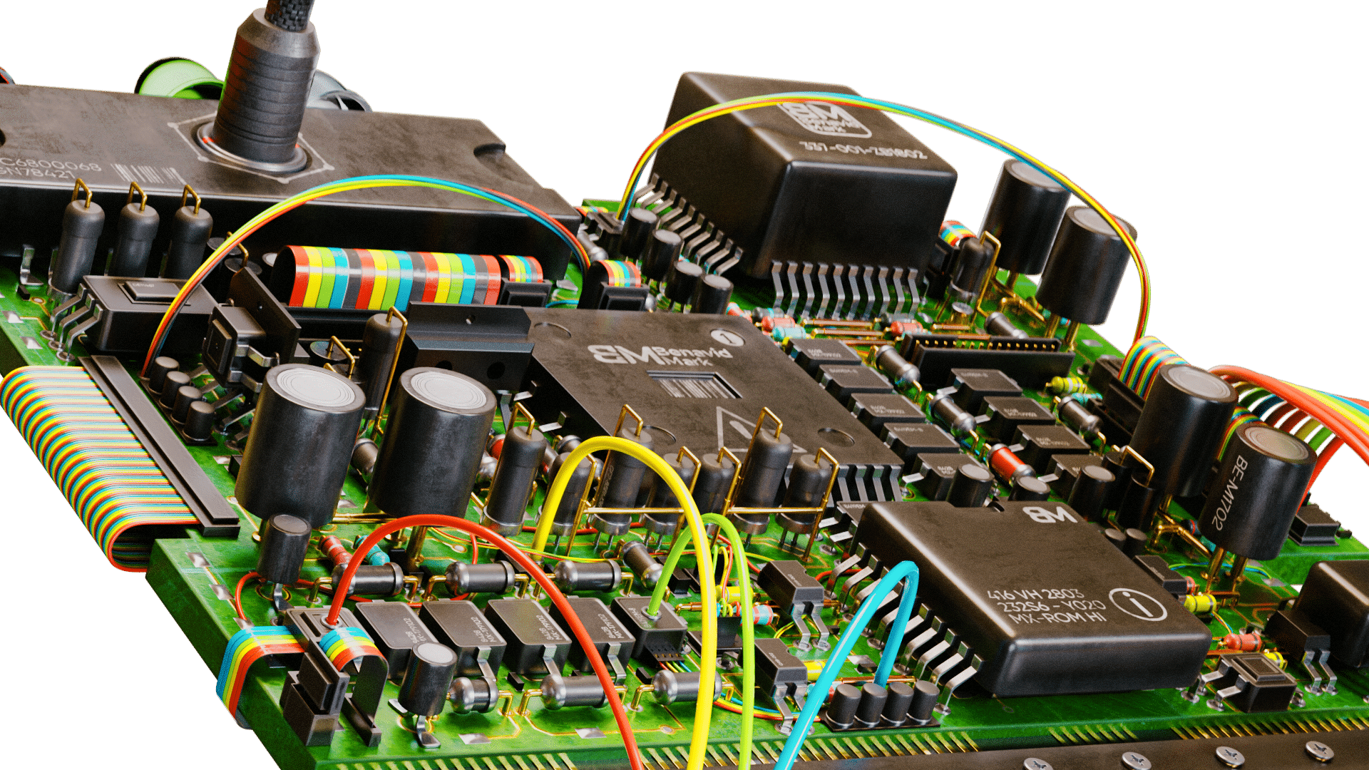 101000144 digital production Close-up view of a detailed circuit board featuring various electronic components like capacitors, chips, and colorful wires, showcasing intricate design and engineering.