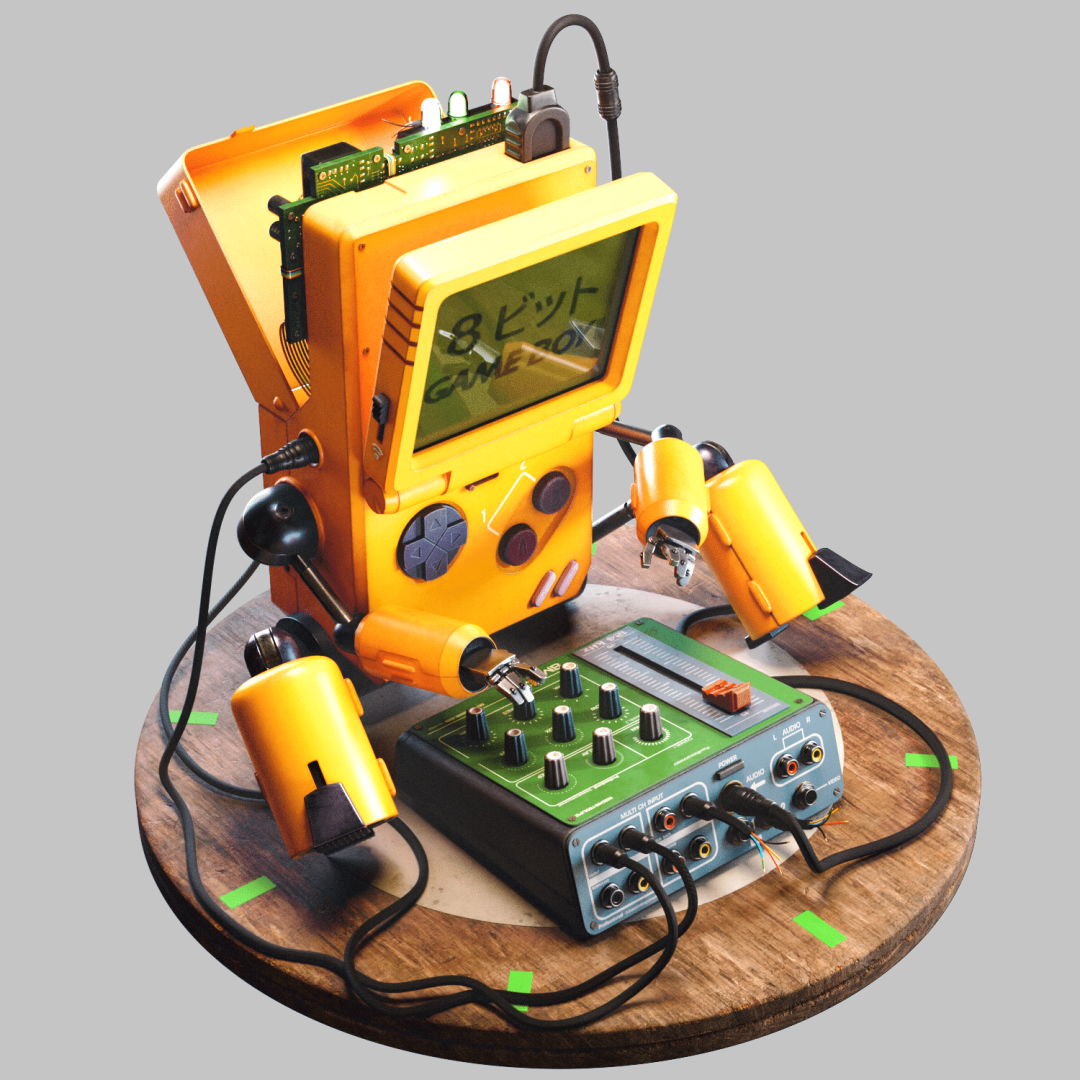 A whimsical robot made from a yellow handheld gaming console with arms and legs, connected to a green audio mixer on a round wooden platform. The console features a screen displaying Japanese text, creating a playful, retro aesthetic.