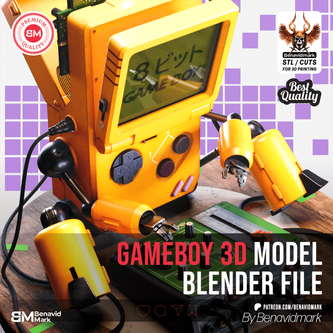 A bright yellow Gameboy-inspired 3D model displayed with various tools and components, showcasing a nostalgic design with retro gaming elements. The detailed model is surrounded by a colorful geometric background.