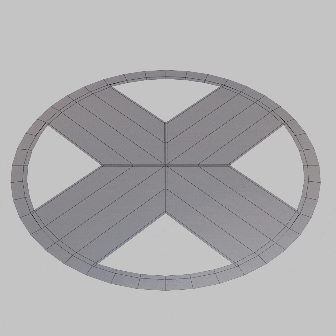 Top view of a stylized 3D model featuring a circular shape with a geometric 'X' pattern, showcasing polygonal mesh structure.