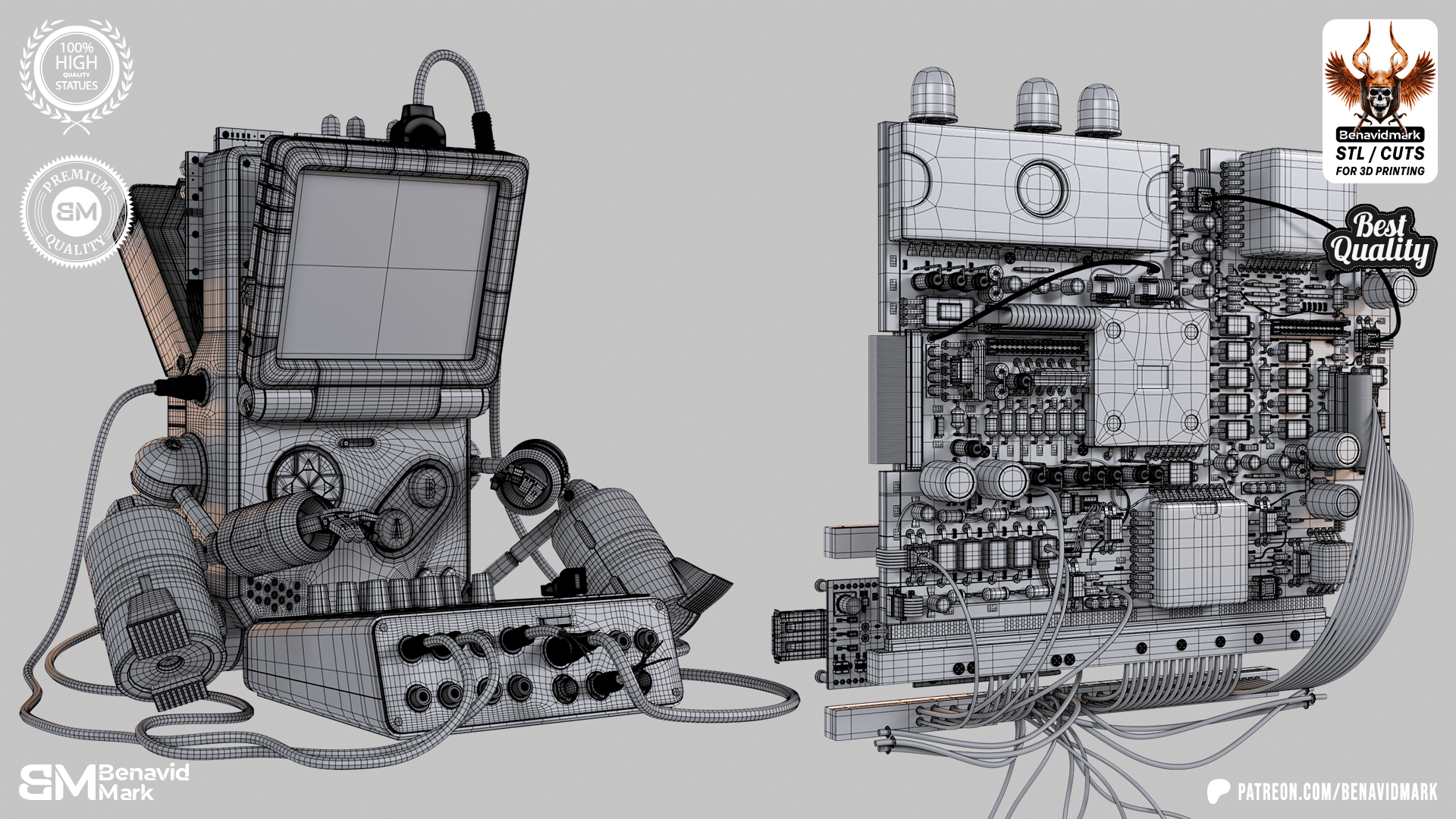 a 3d wireframe model showcasing an intricate electronic device on the left and a detailed circuit board on the right both displayed against a plain gray background digital production A 3D wireframe model showcasing an intricate electronic device on the left and a detailed circuit board on the right, both displayed against a plain gray background.