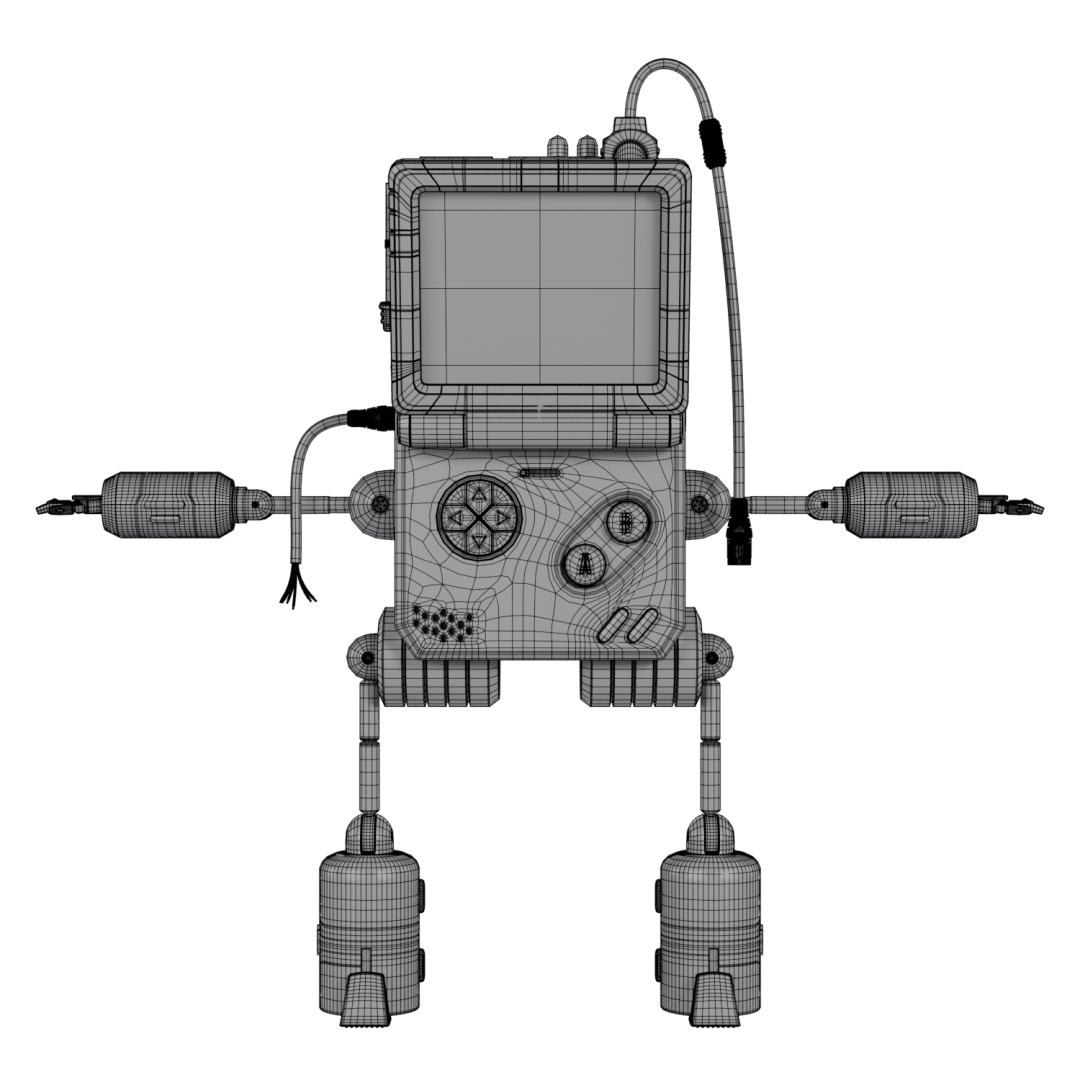 a 3d wireframe model of a robotic figure resembling a vintage handheld gaming console it features a screen at the top buttons on the front and mechanical limbs with wires connecting the arms and legs digital production A 3D wireframe model of a robotic figure resembling a vintage handheld gaming console. It features a screen at the top, buttons on the front, and mechanical limbs with wires connecting the arms and legs.