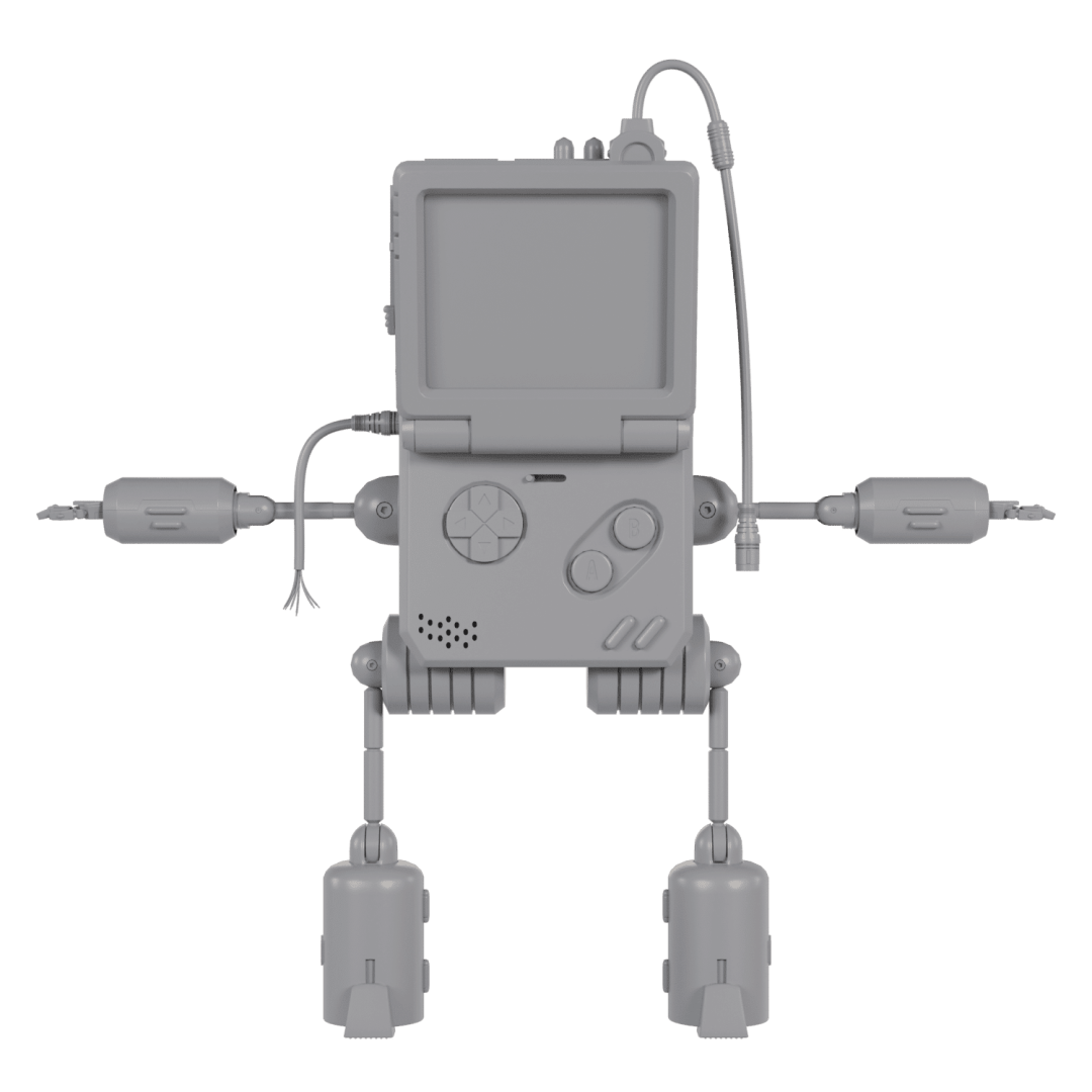 a stylized robot design featuring a central console resembling a handheld gaming device equipped with a screen buttons and limbs ending with cylindrical feet the robot has a playful simplistic aesthetic in a grey color palette digital production A stylized robot design featuring a central console resembling a handheld gaming device, equipped with a screen, buttons, and limbs ending with cylindrical feet. The robot has a playful, simplistic aesthetic in a grey color palette.