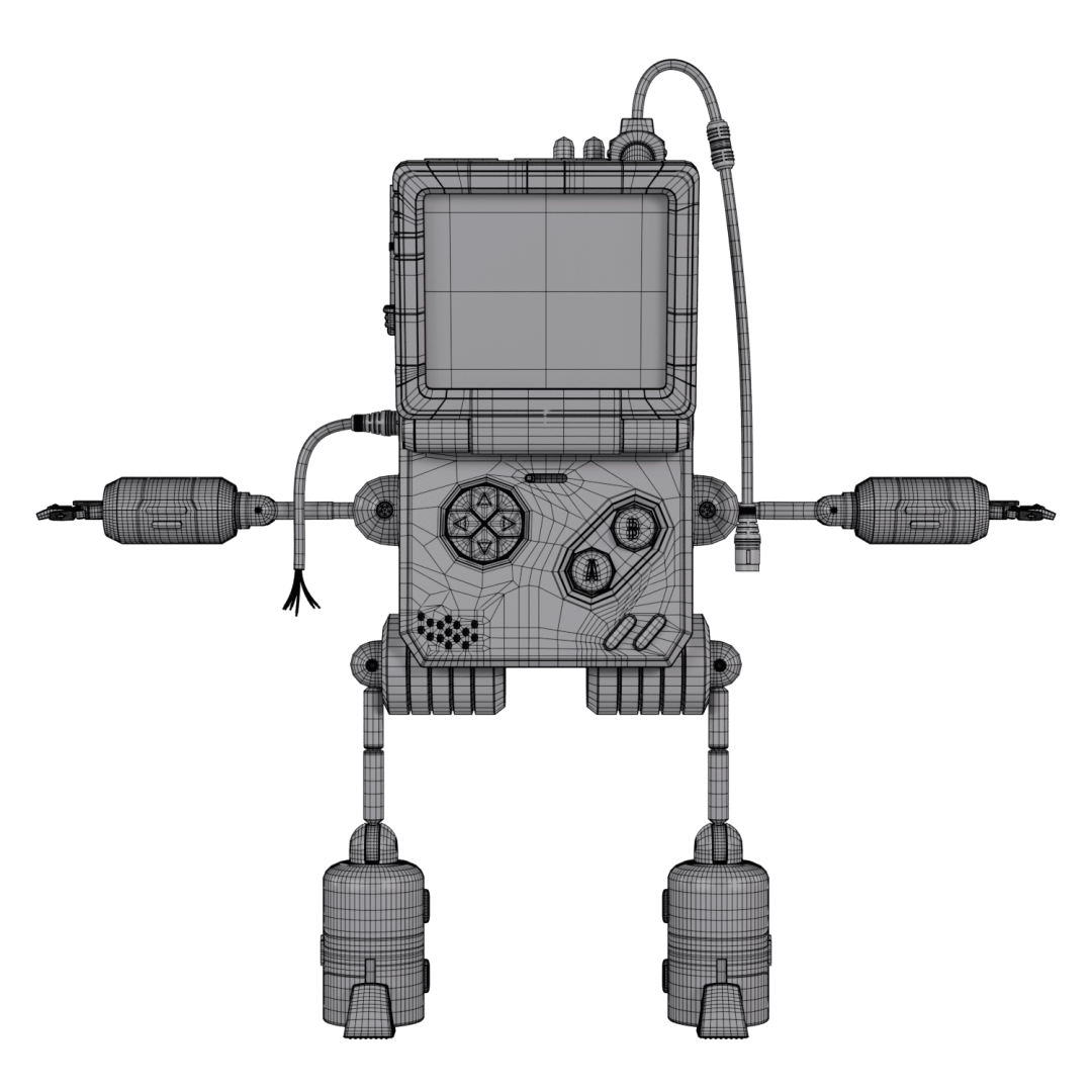 101000171 digital production 3D wireframe model of a robot designed to resemble a Game Boy, showcasing its geometric structure and details.