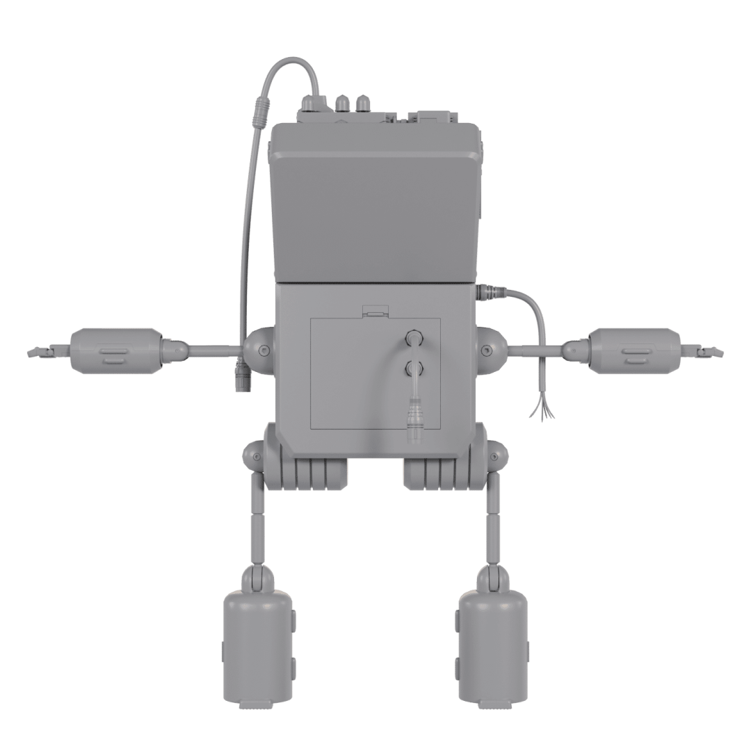 a stylized gray robot with a boxlike body connected arms and cylindrical legs it features a small control panel on its front and has wires and connectors extending from it giving it a mechanical appearance digital production A stylized gray robot with a box-like body, connected arms, and cylindrical legs. It features a small control panel on its front and has wires and connectors extending from it, giving it a mechanical appearance.