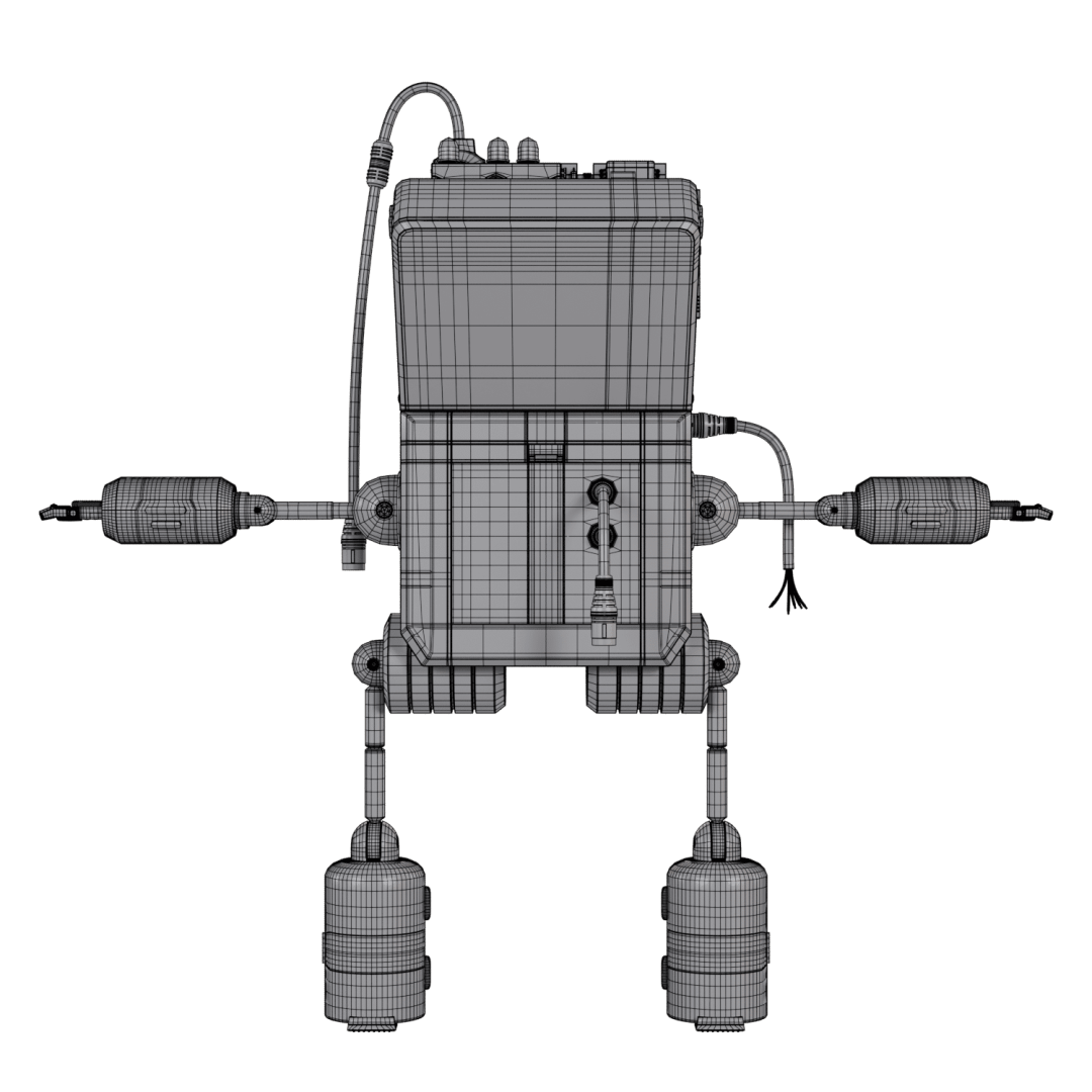 101000174 digital production Wireframe model of a robot designed to resemble a Game Boy, showcasing detailed geometry and structure.