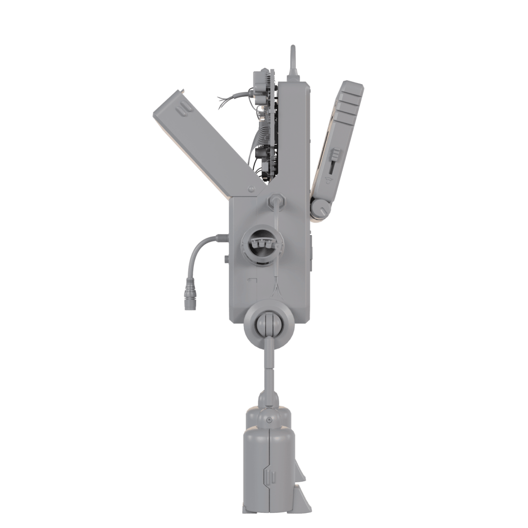 a detailed gray mechanical device with various components including levers and tubes positioned upright the design showcases intricate elements suggesting versatility in function digital production A detailed, gray mechanical device with various components, including levers and tubes, positioned upright. The design showcases intricate elements, suggesting versatility in function.