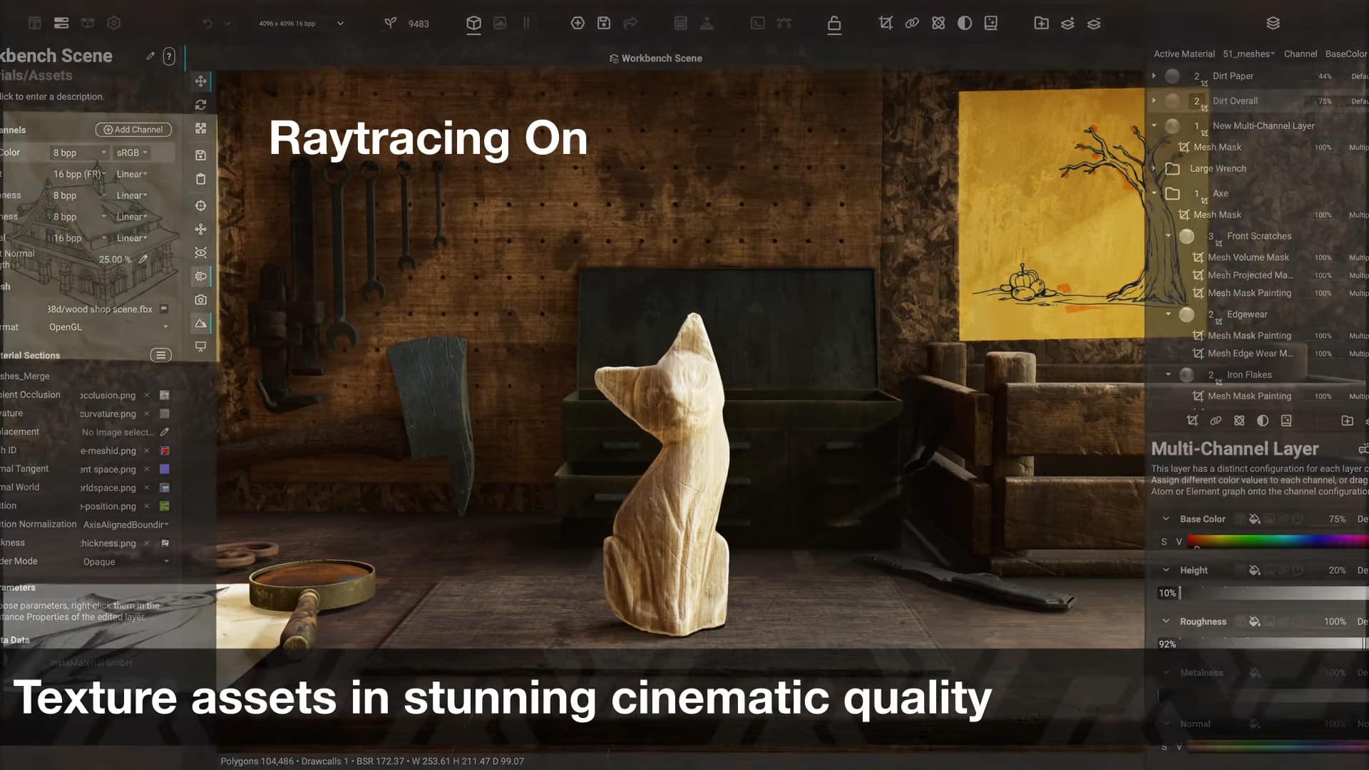 a wooden fox sculpture positioned on a rustic table in a dimly lit room the background features tools hanging on a wall and a yellow artwork overlay text states raytracing on and texture assets in stunning cinematic quality digital production A wooden fox sculpture positioned on a rustic table in a dimly lit room. The background features tools hanging on a wall and a yellow artwork. Overlay text states 'Raytracing On' and 'Texture assets in stunning cinematic quality.'