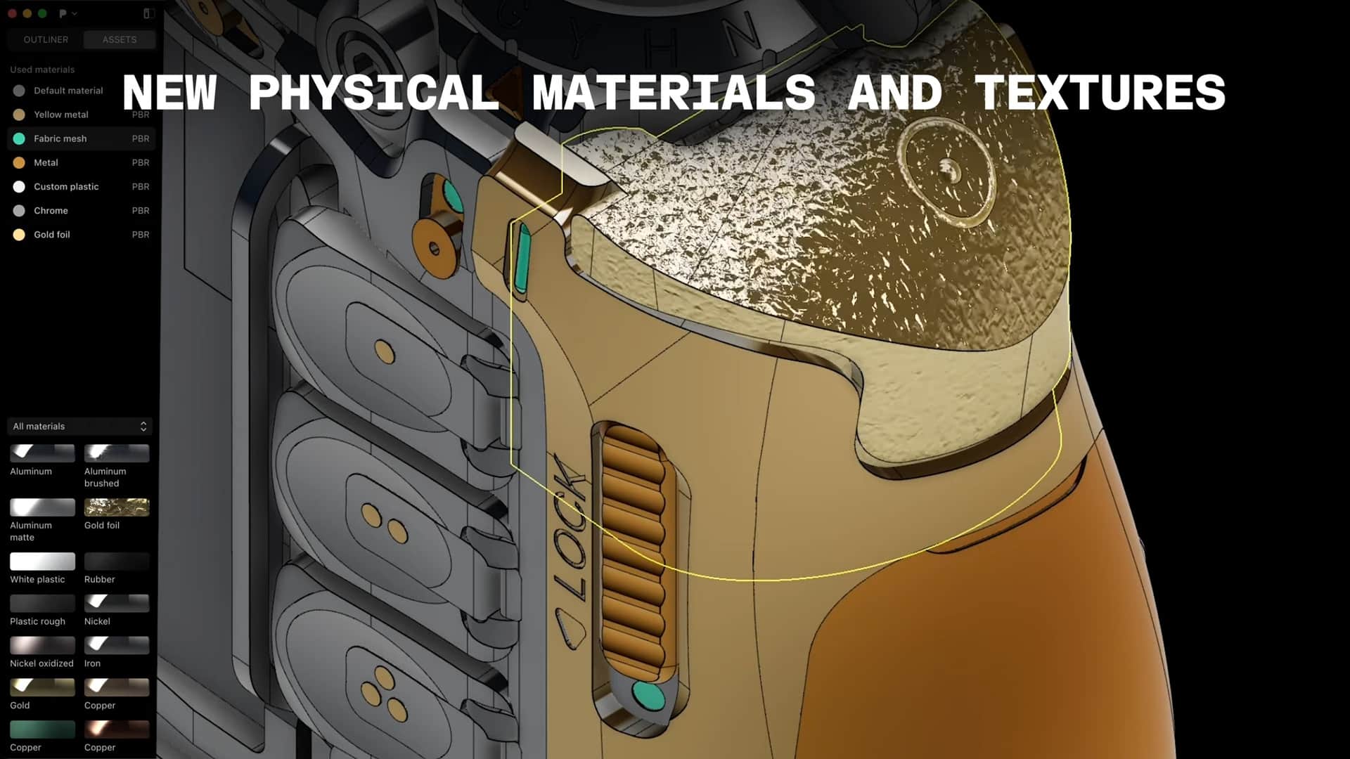 a digital rendering of a mechanical object showcasing various physical materials and textures the closeup view highlights a goldtoned component labeled lock alongside textured surfaces and intricate details set against a dark background digital production A digital rendering of a mechanical object showcasing various physical materials and textures. The close-up view highlights a gold-toned component labeled 'LOCK' alongside textured surfaces and intricate details, set against a dark background.