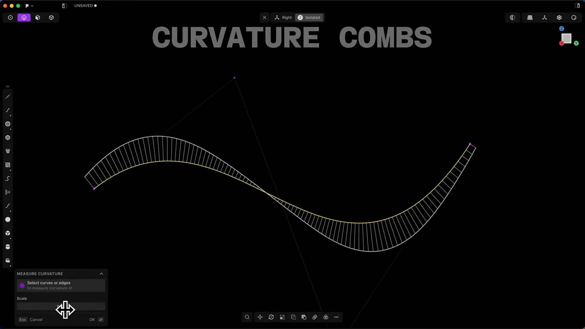 an illustration of curvature combs displayed on a black background the main feature is a wavy line composed of evenly spaced points with a toolbox visible at the bottom left showcasing a digital design interface digital production An illustration of curvature combs displayed on a black background. The main feature is a wavy line composed of evenly spaced points, with a toolbox visible at the bottom left, showcasing a digital design interface.