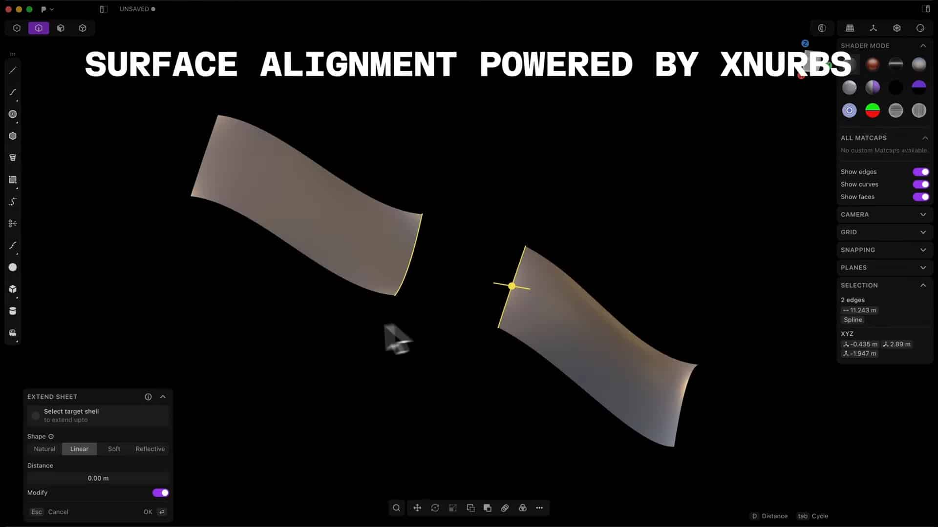 two smooth curved surfaces shown in a 3d modeling software with a highlighted yellow arrow indicating alignment between them the background is black and the interface displays various modeling options on the left digital production Two smooth, curved surfaces shown in a 3D modeling software, with a highlighted yellow arrow indicating alignment between them. The background is black, and the interface displays various modeling options on the left.