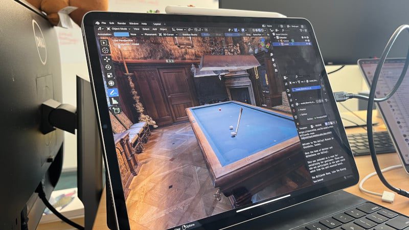 a digital rendering of a billiard table in a detailed room displayed on a tablet the scene features realistic textures and lighting with a wooden cabinet in the background various design tools are visible in the interface beside the table digital production https://devtalk.blender.org/uploads/default/original/3X/1/4/14ee56fe429aff3c0787e497758739103d239954.jpeg