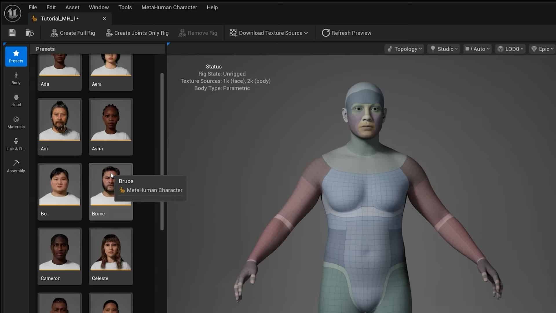 a 3d modeling software interface showing a customizable humanoid character with a light gray skin tone on the left character presets are displayed including various avatars one labeled bruce the environment is sleek and modern digital production A 3D modeling software interface showing a customizable humanoid character with a light gray skin tone. On the left, character presets are displayed, including various avatars, one labeled 'Bruce.' The environment is sleek and modern.