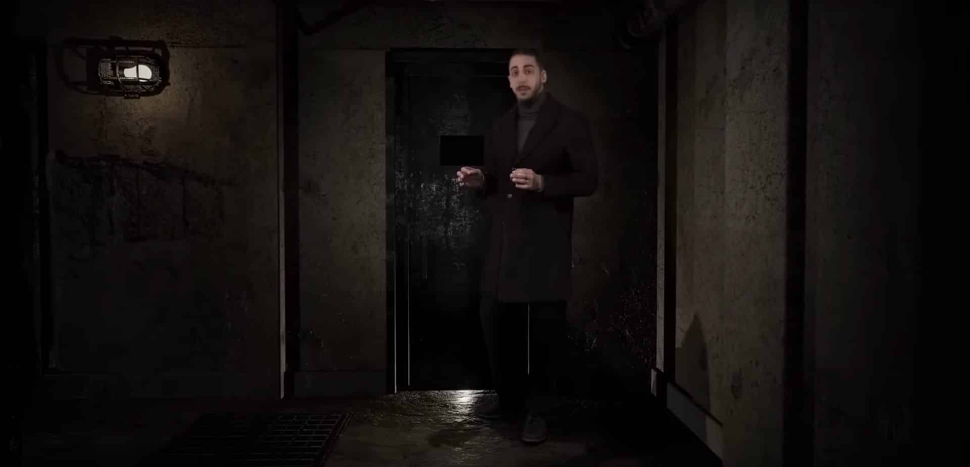 a man standing in a dimly lit industrial space with a concrete wall and a dark door in the background he is wearing a dark overcoat and holding an object in his hands digital production A man standing in a dimly lit, industrial space with a concrete wall and a dark door in the background. He is wearing a dark overcoat and holding an object in his hands.