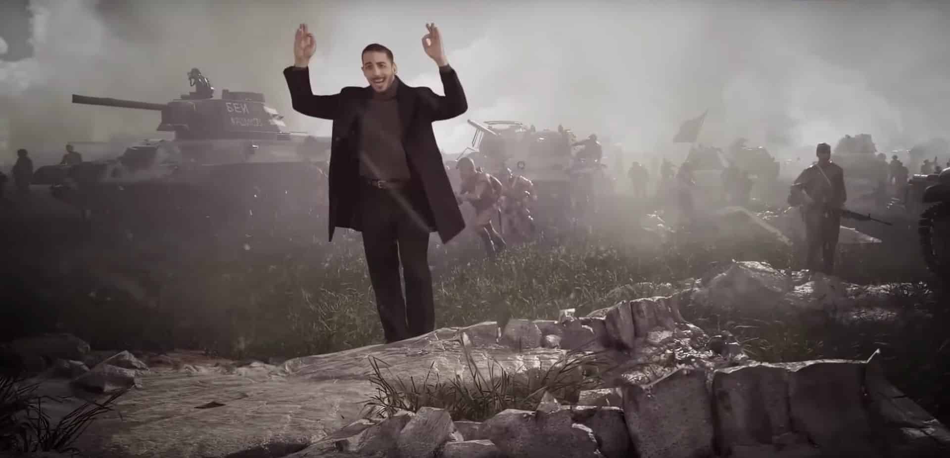 a man in a black coat raises his hands in a battlefield with tanks and soldiers in the background smoke and debris fill the scene creating an atmosphere of chaos digital production A man in a black coat raises his hands in a battlefield with tanks and soldiers in the background. Smoke and debris fill the scene, creating an atmosphere of chaos.