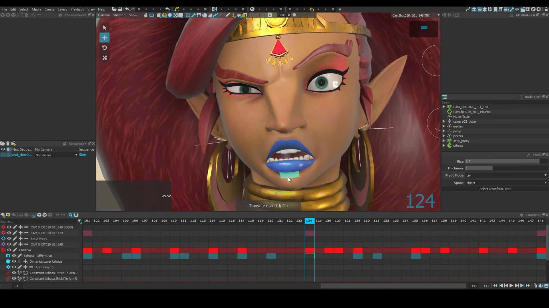 a closeup of a stylized character with striking blue lips and vibrant red hair showcasing an intense expression the image is set in a 3d animation software interface featuring timeline and editing tools digital production A close-up of a stylized character with striking blue lips and vibrant red hair, showcasing an intense expression. The image is set in a 3D animation software interface, featuring timeline and editing tools.