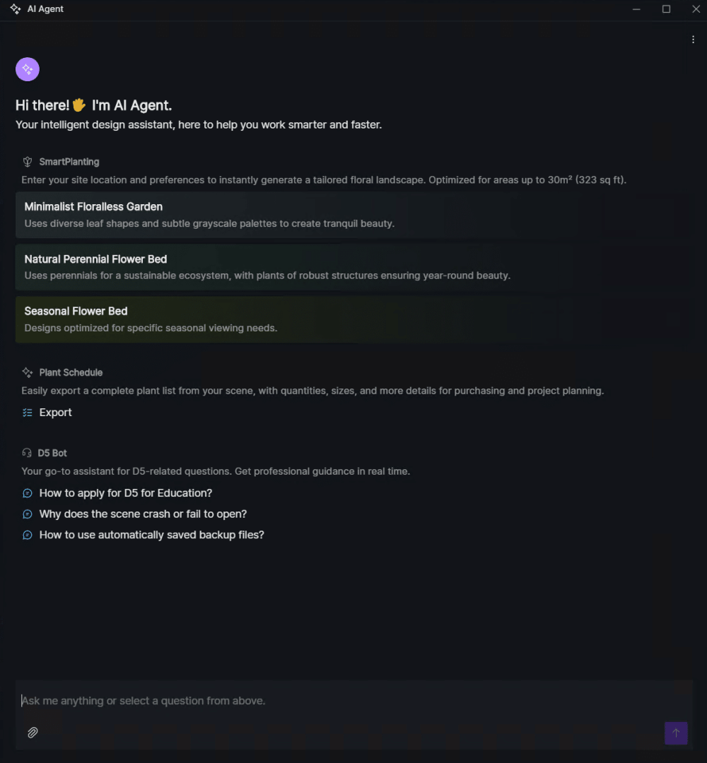 a screenshot of an ai design assistant interface featuring options for garden planning including minimalist floral garden natural perennial flower bed and seasonal flower bed the layout displays a userfriendly chat interface with text prompts and navigation options digital production A screenshot of an AI design assistant interface, featuring options for garden planning, including Minimalist Floral Garden, Natural Perennial Flower Bed, and Seasonal Flower Bed. The layout displays a user-friendly chat interface with text prompts and navigation options.