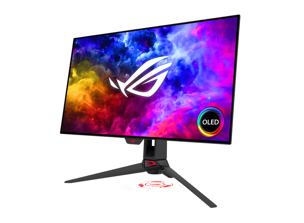 a sleek gaming monitor with a vibrant display featuring swirling colors of blue purple orange and red the monitor is set on a black stand showing an rog logo and an oled badge digital production A sleek gaming monitor with a vibrant display featuring swirling colors of blue, purple, orange, and red. The monitor is set on a black stand, showing an ROG logo and an OLED badge.
