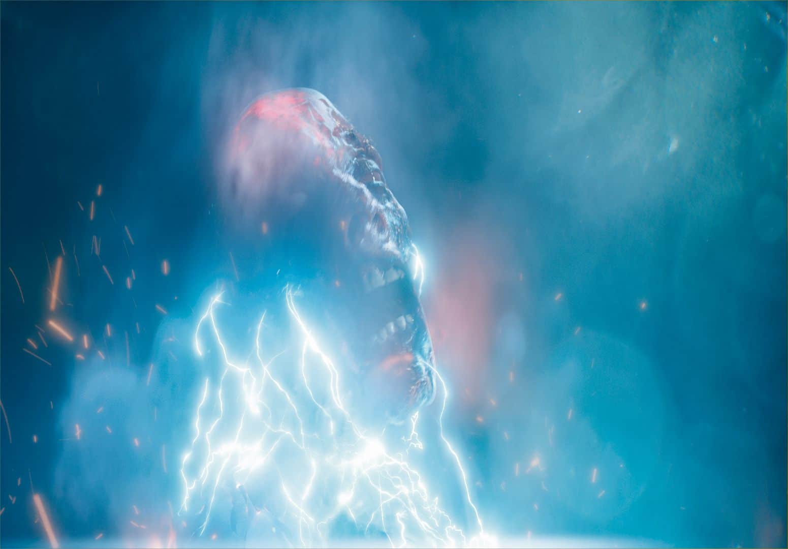 a dramatic closeup of a figure enveloped in blue light and electric sparks with facial expressions conveying intensity the background is blurred enhancing the focus on the figures illuminated features digital production A dramatic close-up of a figure enveloped in blue light and electric sparks, with facial expressions conveying intensity. The background is blurred, enhancing the focus on the figure's illuminated features.