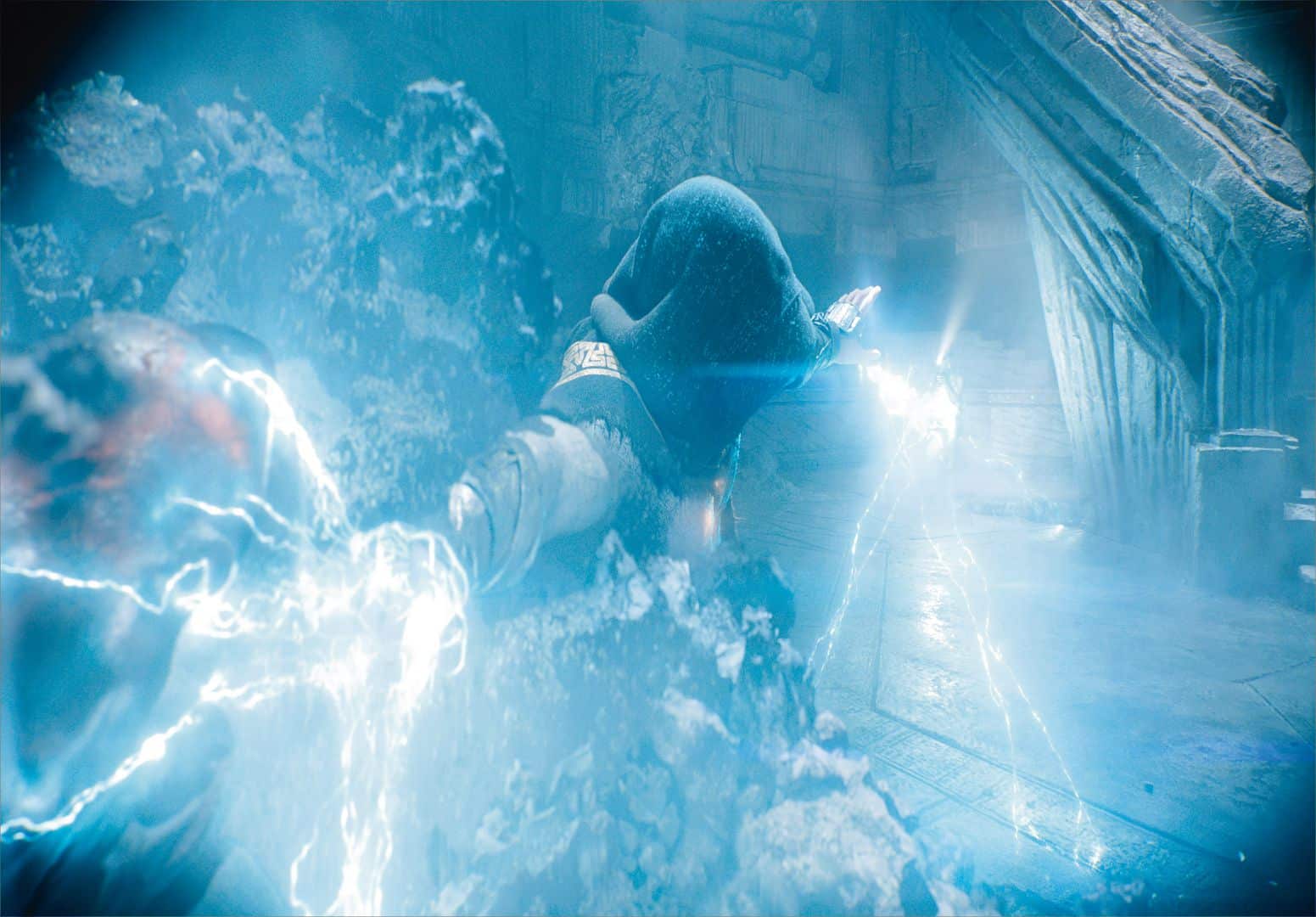 a character casting a spell in a dark ancient setting energy beams radiate from their outstretched hand illuminating the surroundings with blue light stone walls and debris are visible in the background digital production A character casting a spell in a dark, ancient setting. Energy beams radiate from their outstretched hand, illuminating the surroundings with blue light. Stone walls and debris are visible in the background.