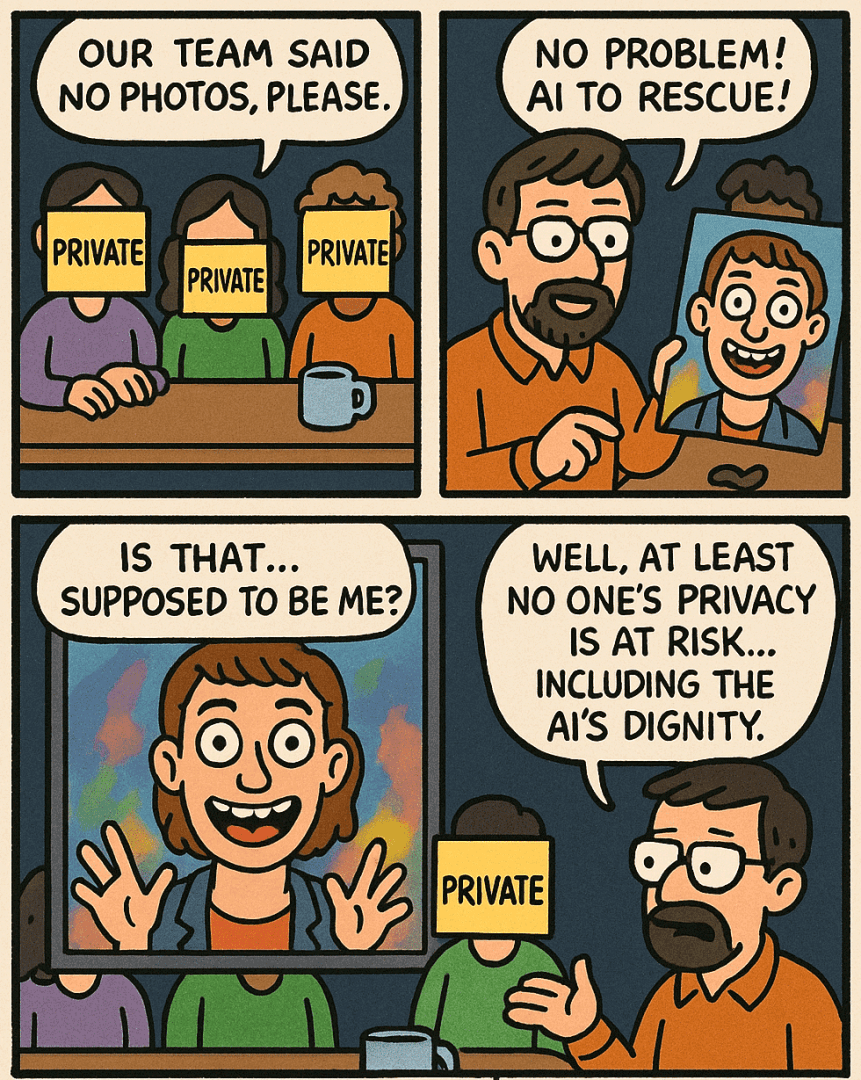 a comic strip featuring characters discussing privacy while a man uses an ai to create an image one character looks surprised at a portrait that resembles her speech bubbles express humor about privacy concerns digital production A comic strip featuring characters discussing privacy while a man uses an AI to create an image. One character looks surprised at a portrait that resembles her. Speech bubbles express humor about privacy concerns.