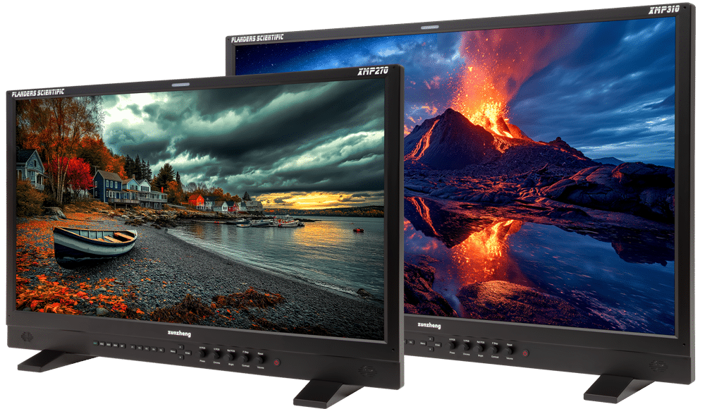 two professional monitors displayed side by side the left monitor shows a tranquil coastal scene with a boat and vibrant autumn foliage while the right monitor depicts a dynamic volcanic eruption against a dramatic sky both monitors feature sleek black frames digital production Two professional monitors displayed side by side. The left monitor shows a tranquil coastal scene with a boat and vibrant autumn foliage, while the right monitor depicts a dynamic volcanic eruption against a dramatic sky. Both monitors feature sleek black frames.