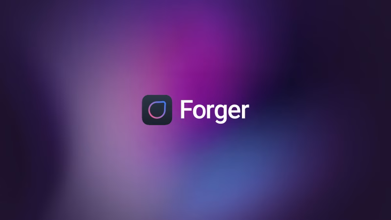 A blurred background with a gradient of purple and blue hues, featuring the word 'Forger' in bold white letters and a small circular logo in the top left corner.