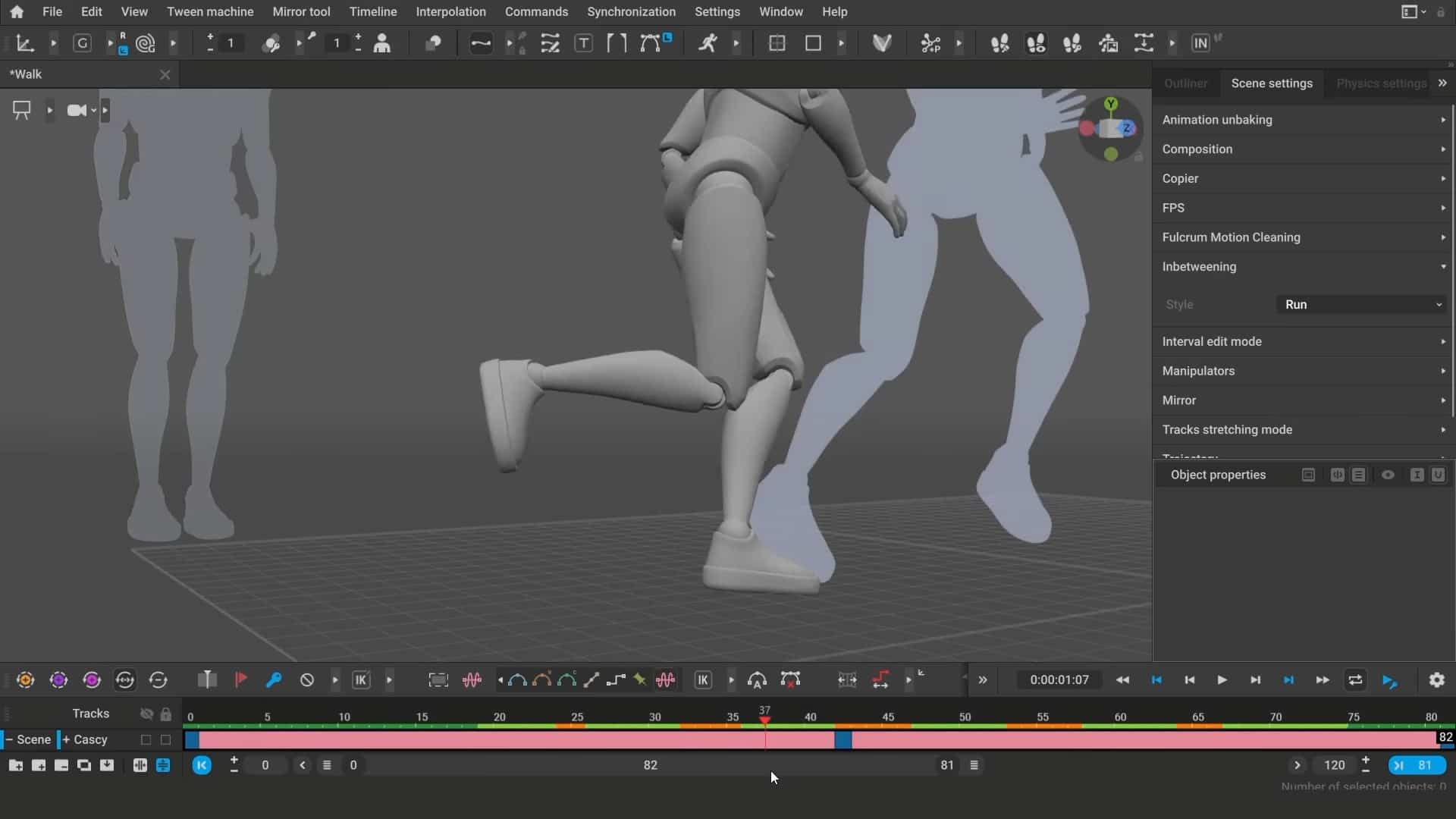 computer screen displaying 3d animation software with two humanoid figures in a running pose the interface includes timeline controls and various editing tools on the right side digital production Computer screen displaying 3D animation software with two humanoid figures in a running pose. The interface includes timeline controls and various editing tools on the right side.