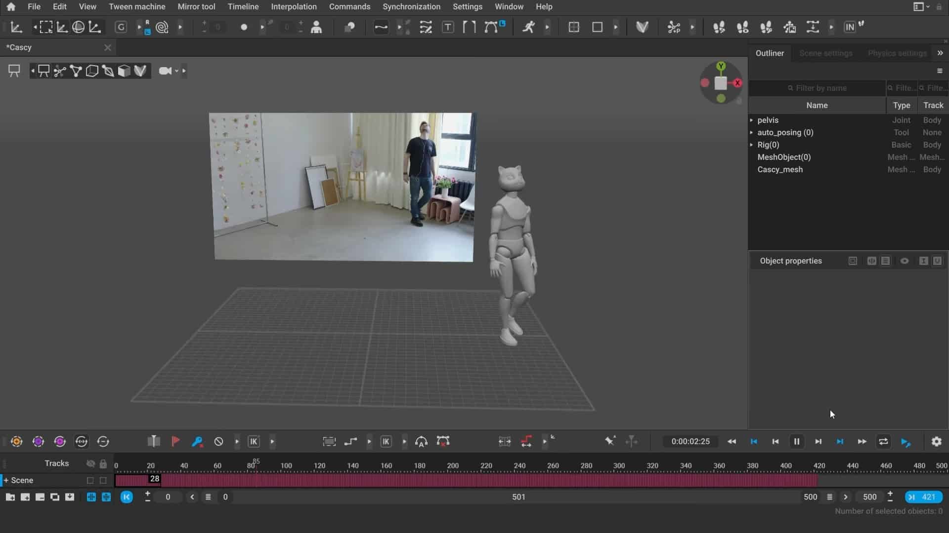a 3d animation software interface displaying a virtual scene with a character model and a video feed of a person standing in a furnished room the timeline and object properties panels are visible digital production A 3D animation software interface displaying a virtual scene with a character model and a video feed of a person standing in a furnished room. The timeline and object properties panels are visible.