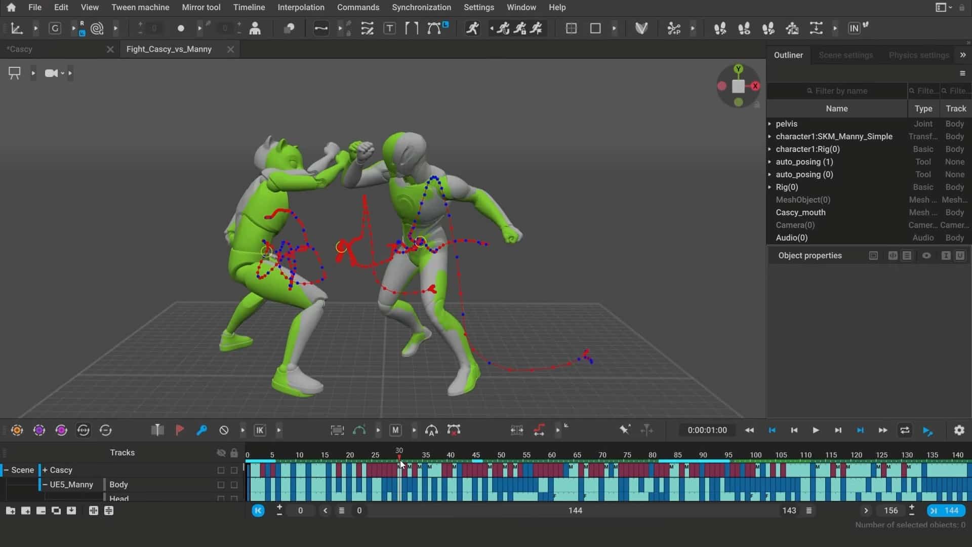 two 3d animated characters are engaged in a fight simulation inside a computer software interface one character is depicted in green and the other in gray the timeline at the bottom shows animation keyframes and markers digital production Two 3D animated characters are engaged in a fight simulation inside a computer software interface. One character is depicted in green and the other in gray. The timeline at the bottom shows animation keyframes and markers.