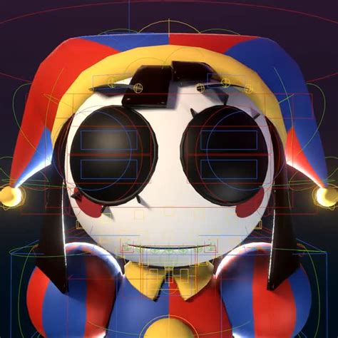 a stylized character with a jester hat featuring bright colors like red yellow and blue the character has large black eyes and a cheerful expression set against a dark background with geometric shapes overlay digital production A stylized character with a jester hat featuring bright colors like red, yellow, and blue. The character has large black eyes and a cheerful expression, set against a dark background with geometric shapes overlay.