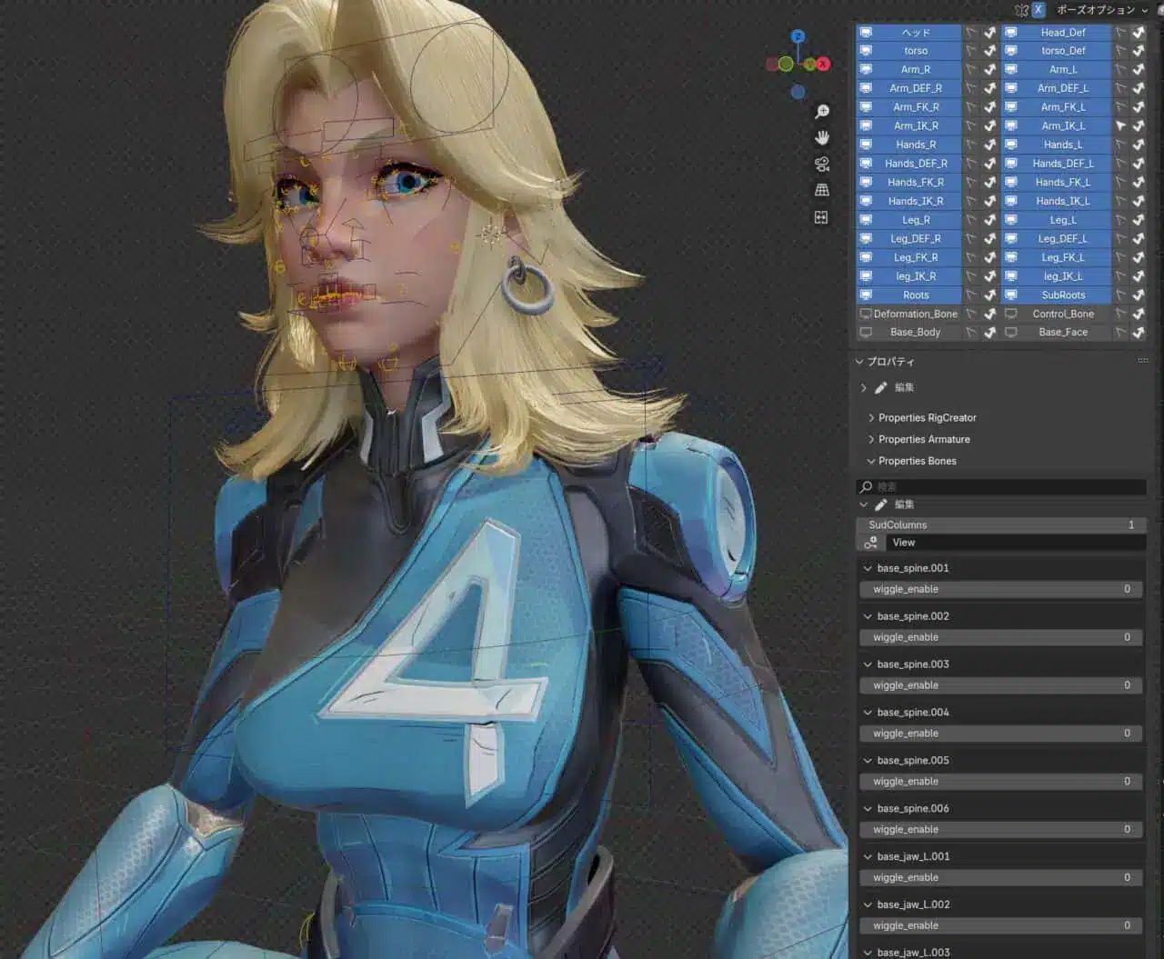 a 3d model of a female character with long blonde hair wearing a blue and black superhero suit featuring the number 4 the character is displayed in a design software interface with various panel options visible digital production A 3D model of a female character with long blonde hair, wearing a blue and black superhero suit featuring the number '4'. The character is displayed in a design software interface with various panel options visible.