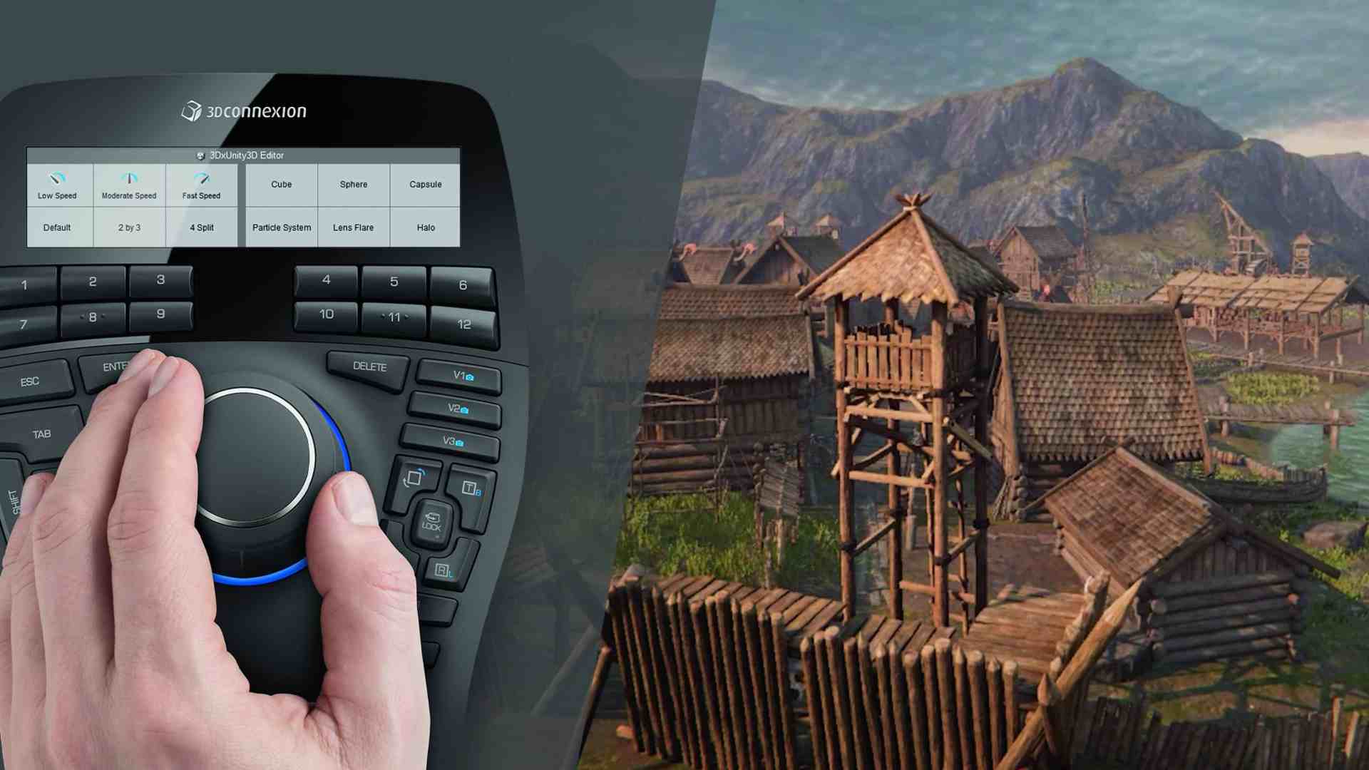 a hand holding a 3dconnexion spacemouse designed for 3d modeling positioned above the device in the background a serene landscape features a rustic village with wooden structures and mountains under a clear sky digital production A hand holding a 3Dconnexion SpaceMouse, designed for 3D modeling, positioned above the device. In the background, a serene landscape features a rustic village with wooden structures and mountains under a clear sky.