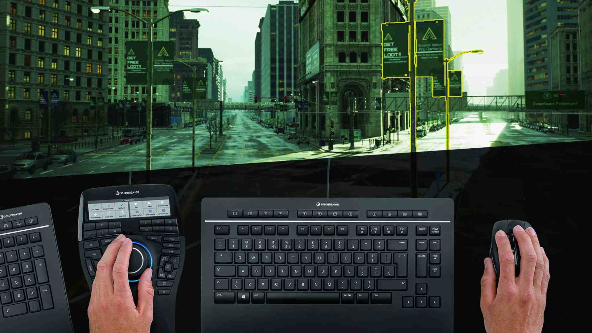 a view of an urban landscape featuring tall buildings and street signs with a set of hands operating a keyboard and mouse in the foreground the scene depicts a city setting combined with digital interfaces digital production A view of an urban landscape featuring tall buildings and street signs, with a set of hands operating a keyboard and mouse in the foreground. The scene depicts a city setting combined with digital interfaces.