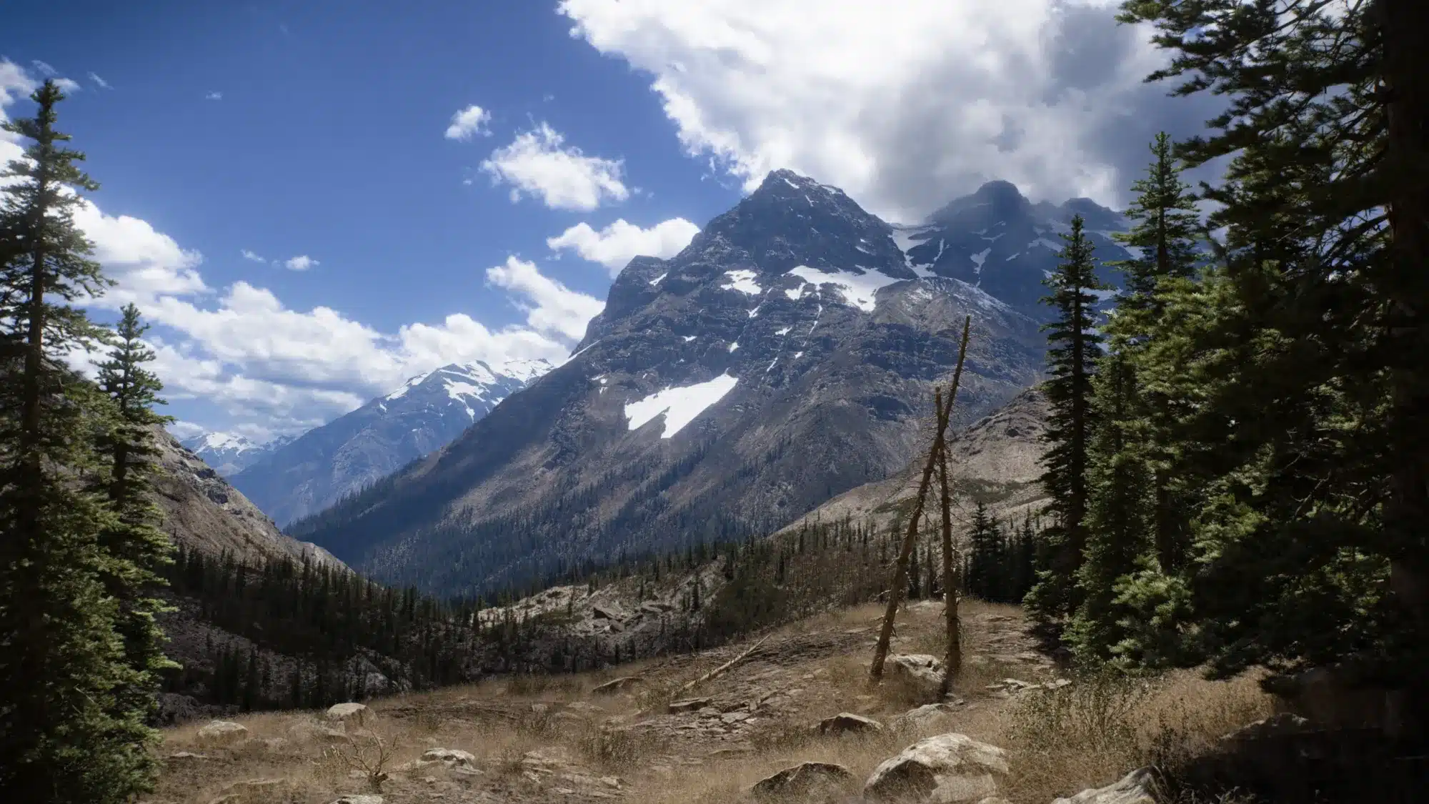 a stunning mountain landscape featuring towering peaks crowned with snow under a bright blue sky scattered with fluffy white clouds pine trees frame the scene with rocky terrain and a valley below creating a serene natural setting digital production https://blog.quadspinner.com/content/images/size/w2000/2025/07/StillFinalShot3.webp