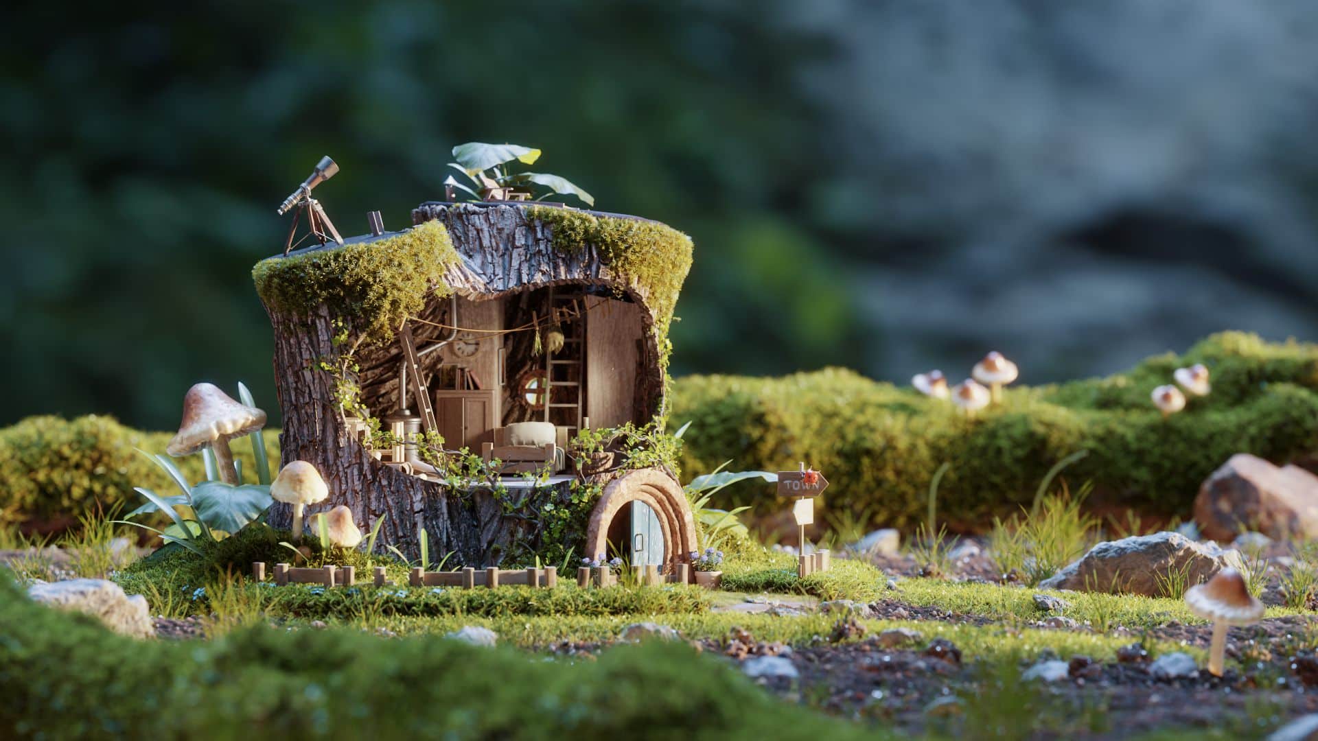 a detailed miniature scene of a whimsical tree stump house adorned with moss small plants and mushrooms the house features a curved door and windows set in a lush green landscape with a gentle light illuminating the surroundings digital production A detailed miniature scene of a whimsical tree stump house adorned with moss, small plants, and mushrooms. The house features a curved door and windows, set in a lush green landscape with a gentle light illuminating the surroundings.