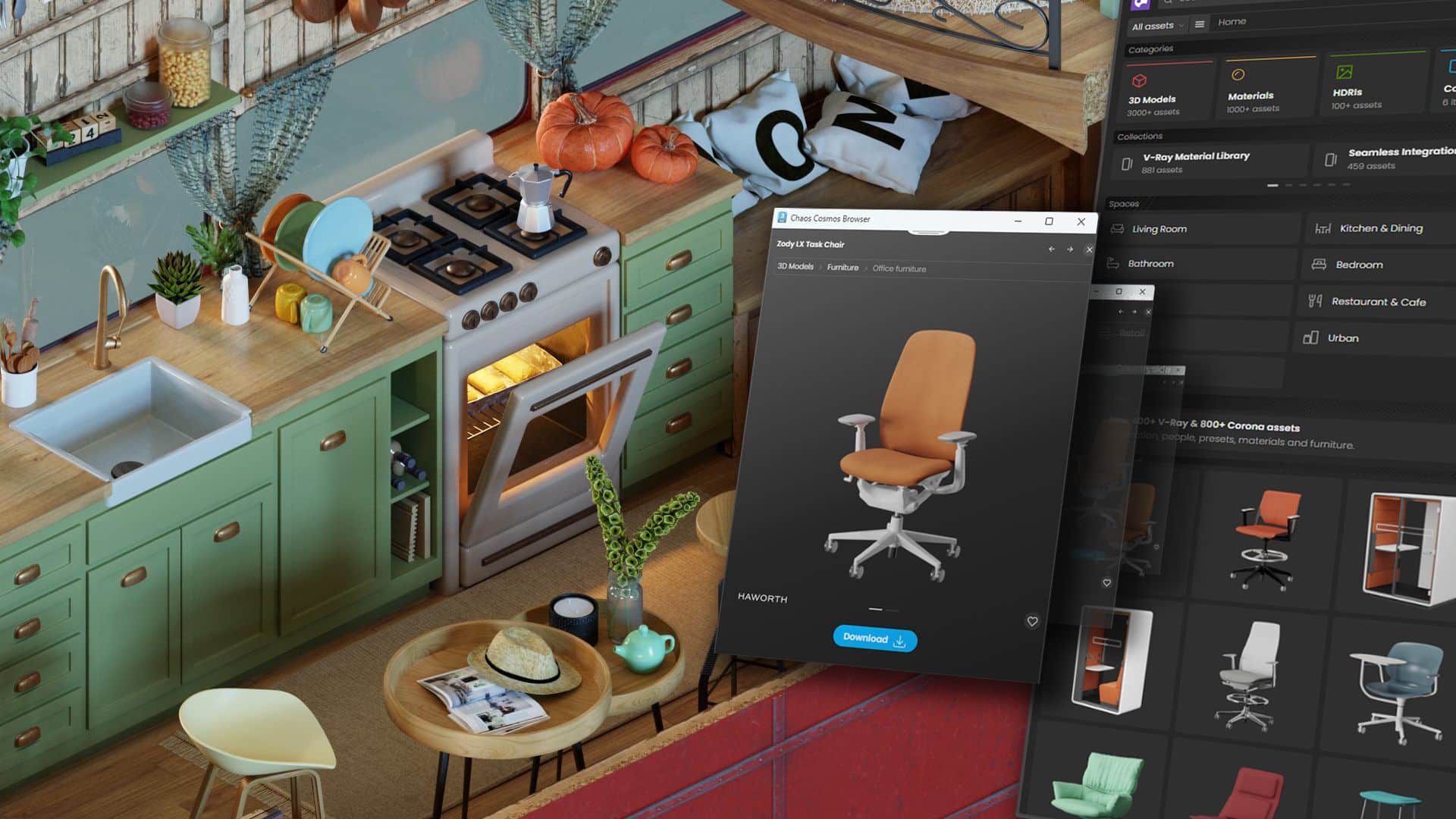 a modern kitchen scene with a green cabinet and a stove featuring pots and vegetables a digital interface displays a brown ergonomic office chair alongside design options with an array of stylish items on the counter digital production A modern kitchen scene with a green cabinet and a stove, featuring pots and vegetables. A digital interface displays a brown ergonomic office chair alongside design options, with an array of stylish items on the counter.