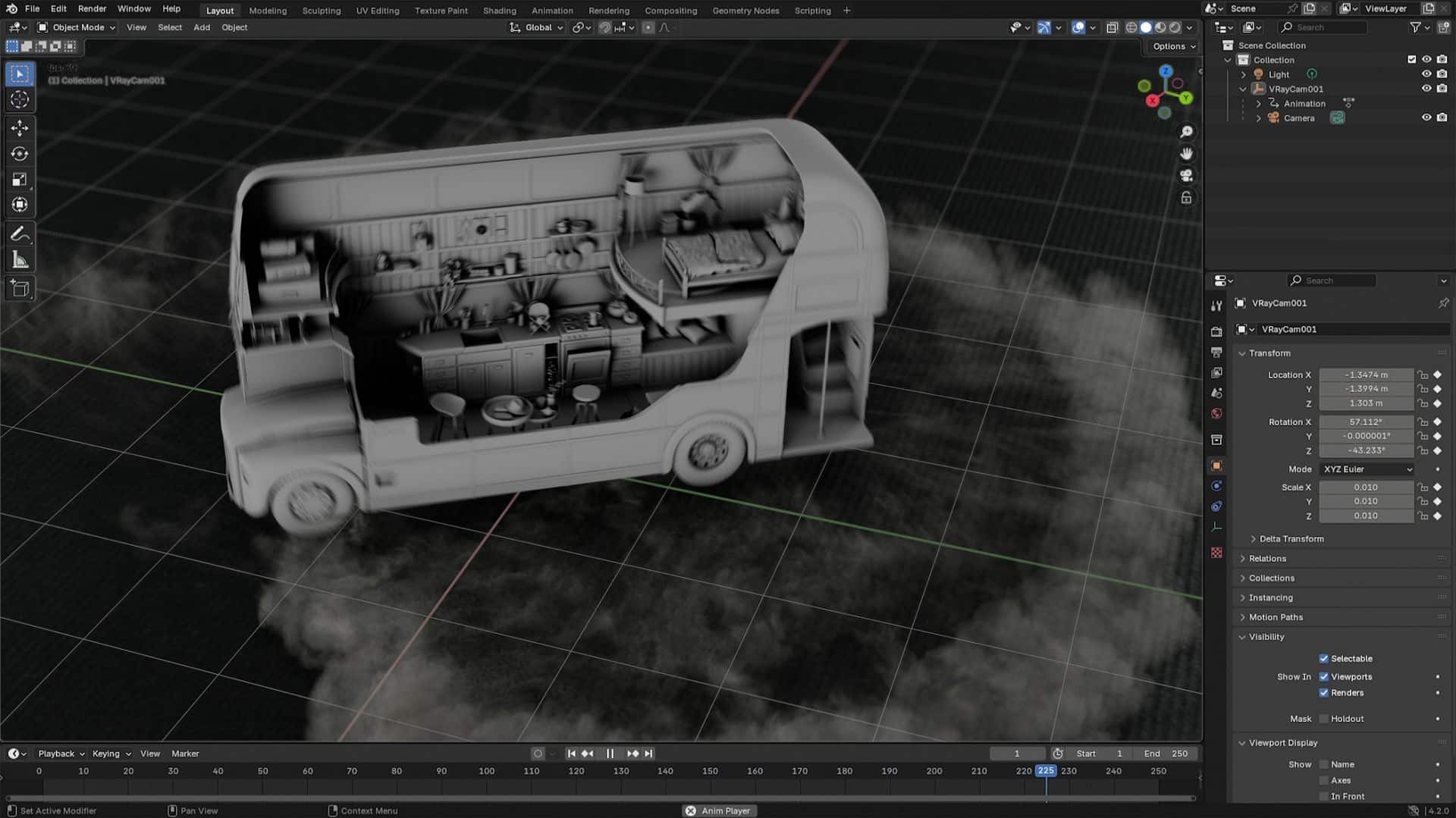 a 3d rendered model of a doubledecker bus displayed in a digital workspace the interior layout includes seating areas and a kitchen shown in a monochromatic style against a grid background with faint smoke effects digital production A 3D rendered model of a double-decker bus, displayed in a digital workspace. The interior layout includes seating areas and a kitchen, shown in a monochromatic style against a grid background with faint smoke effects.