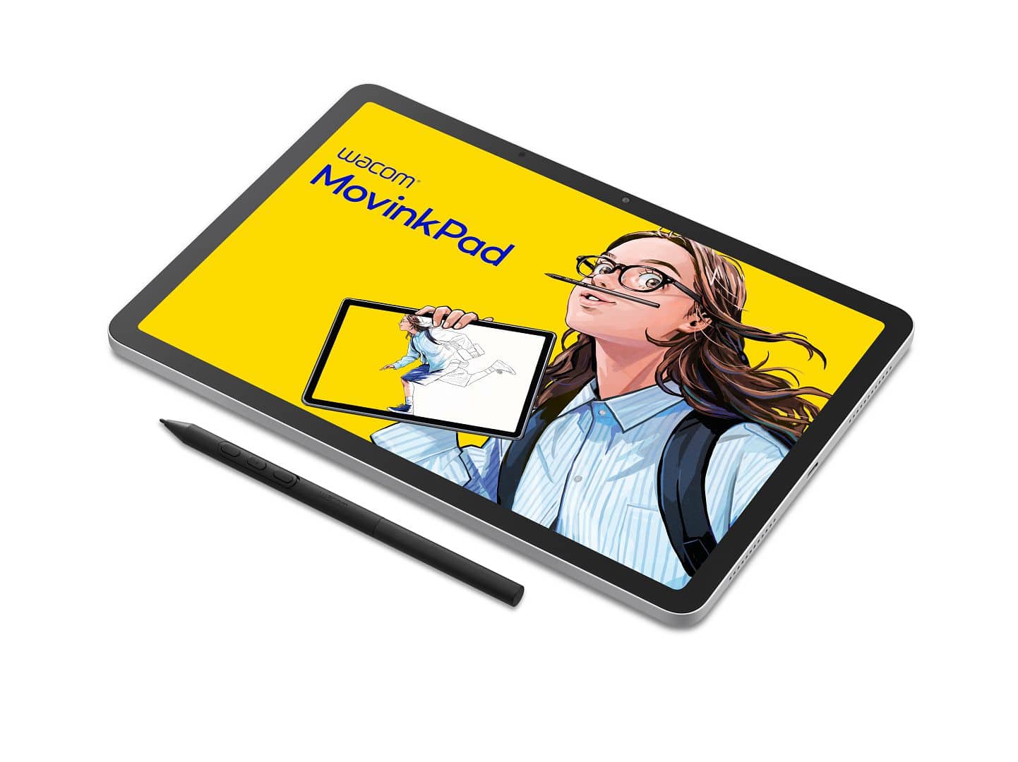 a wacom movinkpad tablet featuring a vibrant yellow background with an illustration of a woman wearing glasses holding a stylus and sketching on the screen a stylus is placed next to the tablet digital production A Wacom MovinkPad tablet featuring a vibrant yellow background with an illustration of a woman wearing glasses, holding a stylus and sketching on the screen. A stylus is placed next to the tablet.