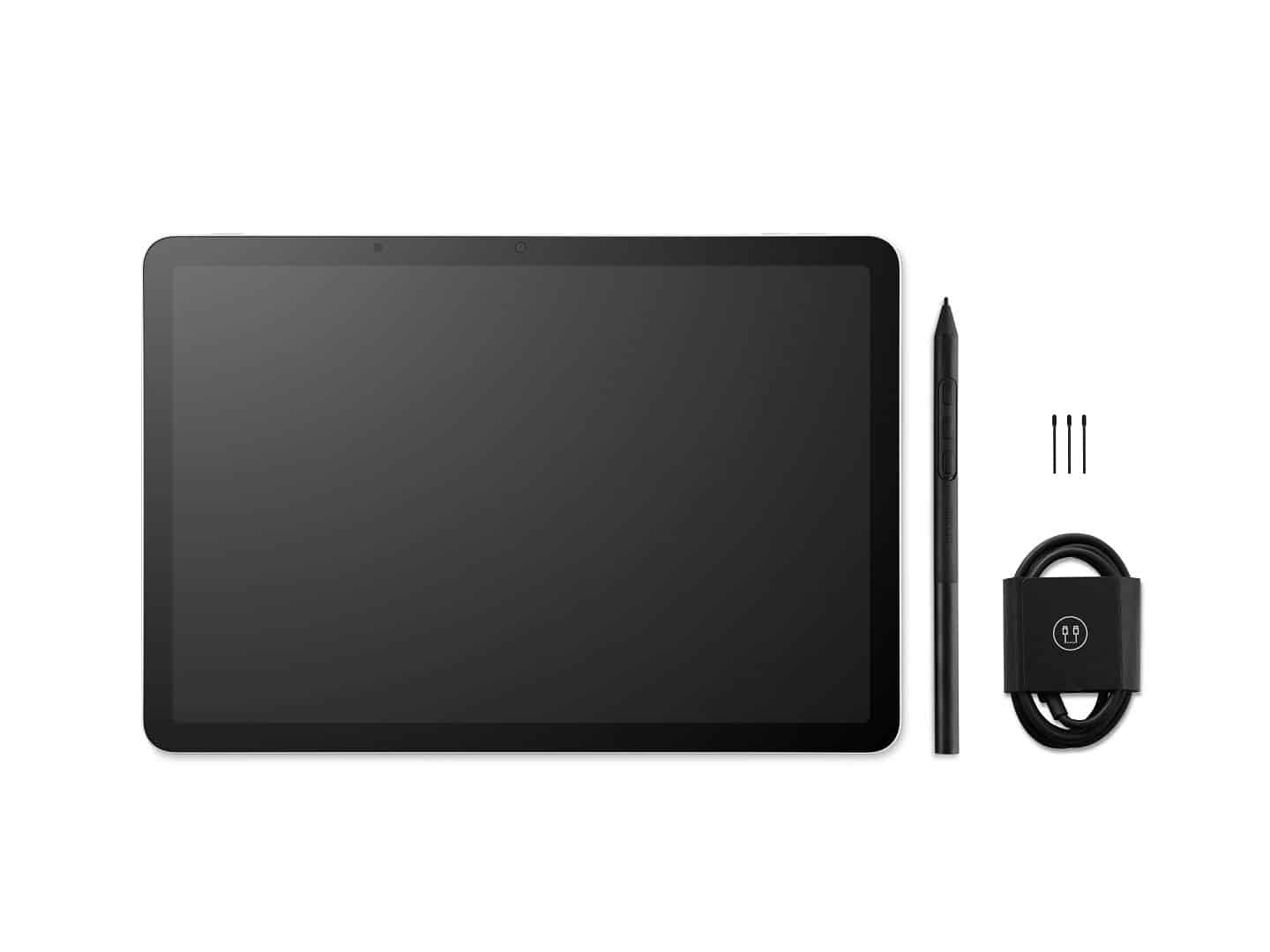 an empty black tablet placed flat on a surface accompanied by a stylus pen a charging cable and three small tips for the pen all arranged neatly beside the tablet digital production An empty black tablet placed flat on a surface, accompanied by a stylus pen, a charging cable, and three small tips for the pen, all arranged neatly beside the tablet.
