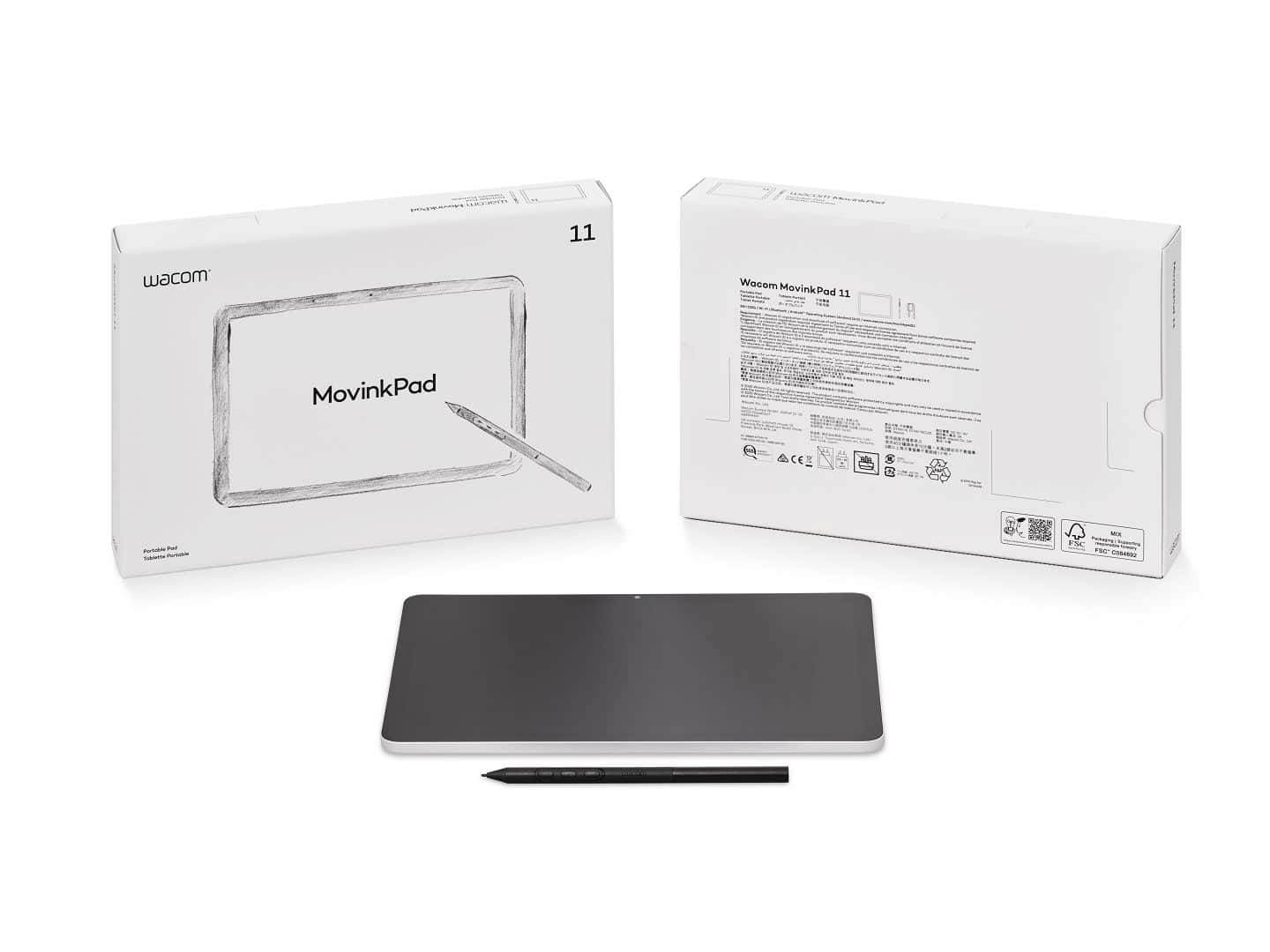 a wacom movinkpad 11 drawing tablet displayed with its packaging the tablet is sleek and black accompanied by a stylus the packaging is white with a sketch illustration of the tablets design digital production A Wacom MovinkPad 11 drawing tablet displayed with its packaging. The tablet is sleek and black, accompanied by a stylus. The packaging is white with a sketch illustration of the tablet's design.