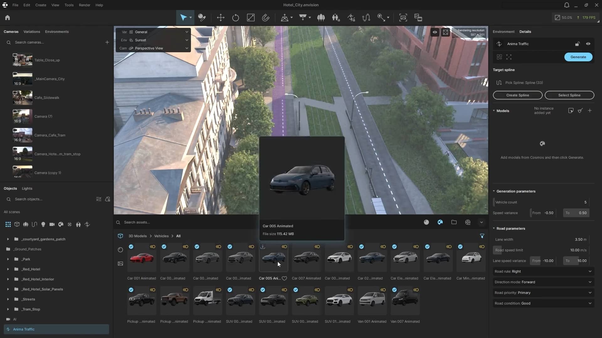 a digital rendering showing a 3d modeling software interface the view highlights a street scene alongside buildings and a car selection panel with various car models displayed at the bottom the workspace is wellorganized and modern digital production A digital rendering showing a 3D modeling software interface. The view highlights a street scene alongside buildings and a car selection panel, with various car models displayed at the bottom. The workspace is well-organized and modern.