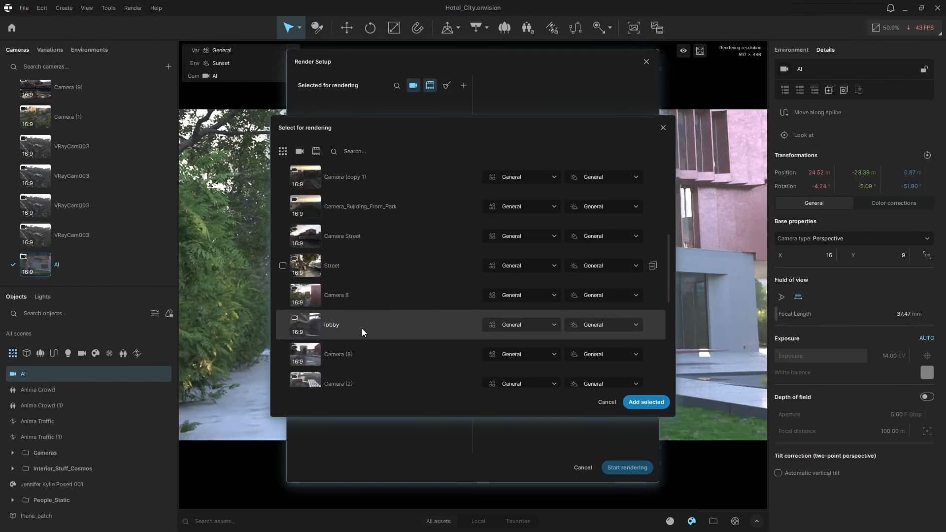 a software interface displaying a dark workspace with various images in a list format on the left side options for selecting and editing images are visible along with a preview of a contemporary architectural scene in the background digital production A software interface displaying a dark workspace with various images in a list format on the left side. Options for selecting and editing images are visible, along with a preview of a contemporary architectural scene in the background.