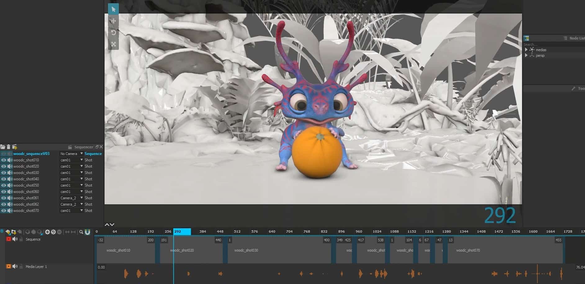 a vibrant animated character with large eyes and colorful antennae sits beside a bright orange ball on a grey background of a digital animation interface featuring a timeline and various editing tools digital production A vibrant animated character with large eyes and colorful antennae sits beside a bright orange ball on a grey background of a digital animation interface, featuring a timeline and various editing tools.