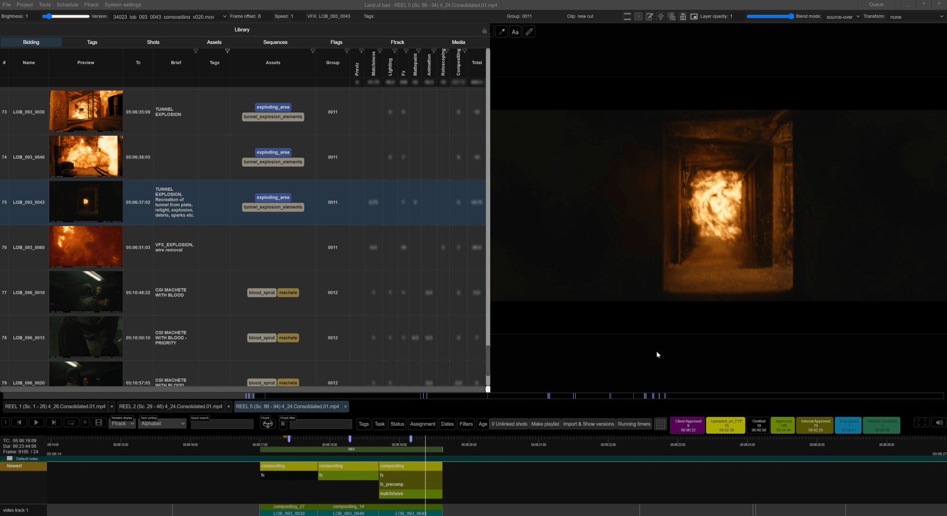 a computer screen showing a video editing interface with a timeline at the bottom and a visual preview on the right the preview displays a dimly lit corridor with flames bursting from an opening creating an intense atmosphere digital production A computer screen showing a video editing interface with a timeline at the bottom and a visual preview on the right. The preview displays a dimly lit corridor with flames bursting from an opening, creating an intense atmosphere.