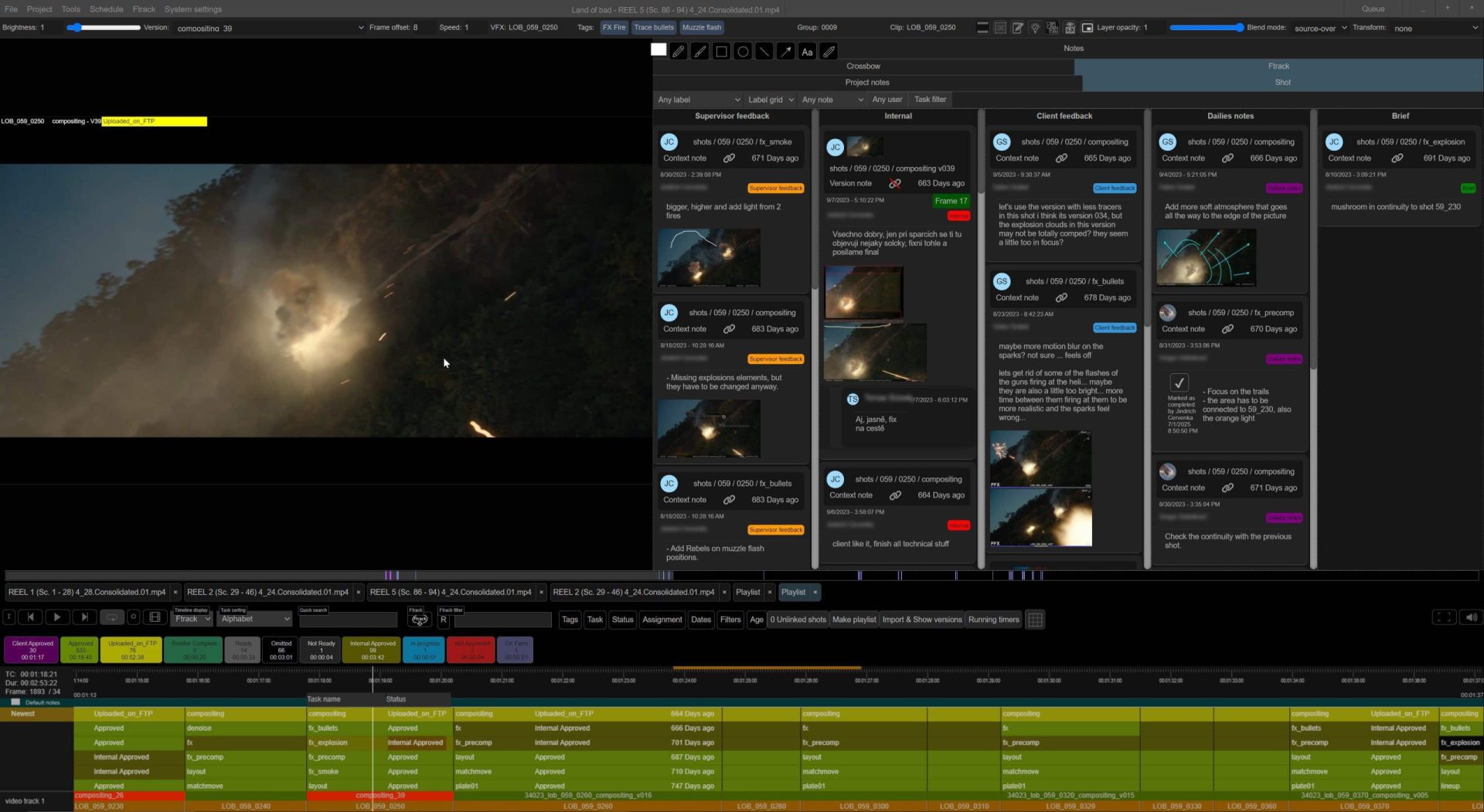 a film editing software interface displaying a dramatic scene with smoke and light beams over a landscape the timeline section at the bottom contains various colored segments with annotations and notes visible in side panels digital production A film editing software interface displaying a dramatic scene with smoke and light beams over a landscape. The timeline section at the bottom contains various colored segments, with annotations and notes visible in side panels.